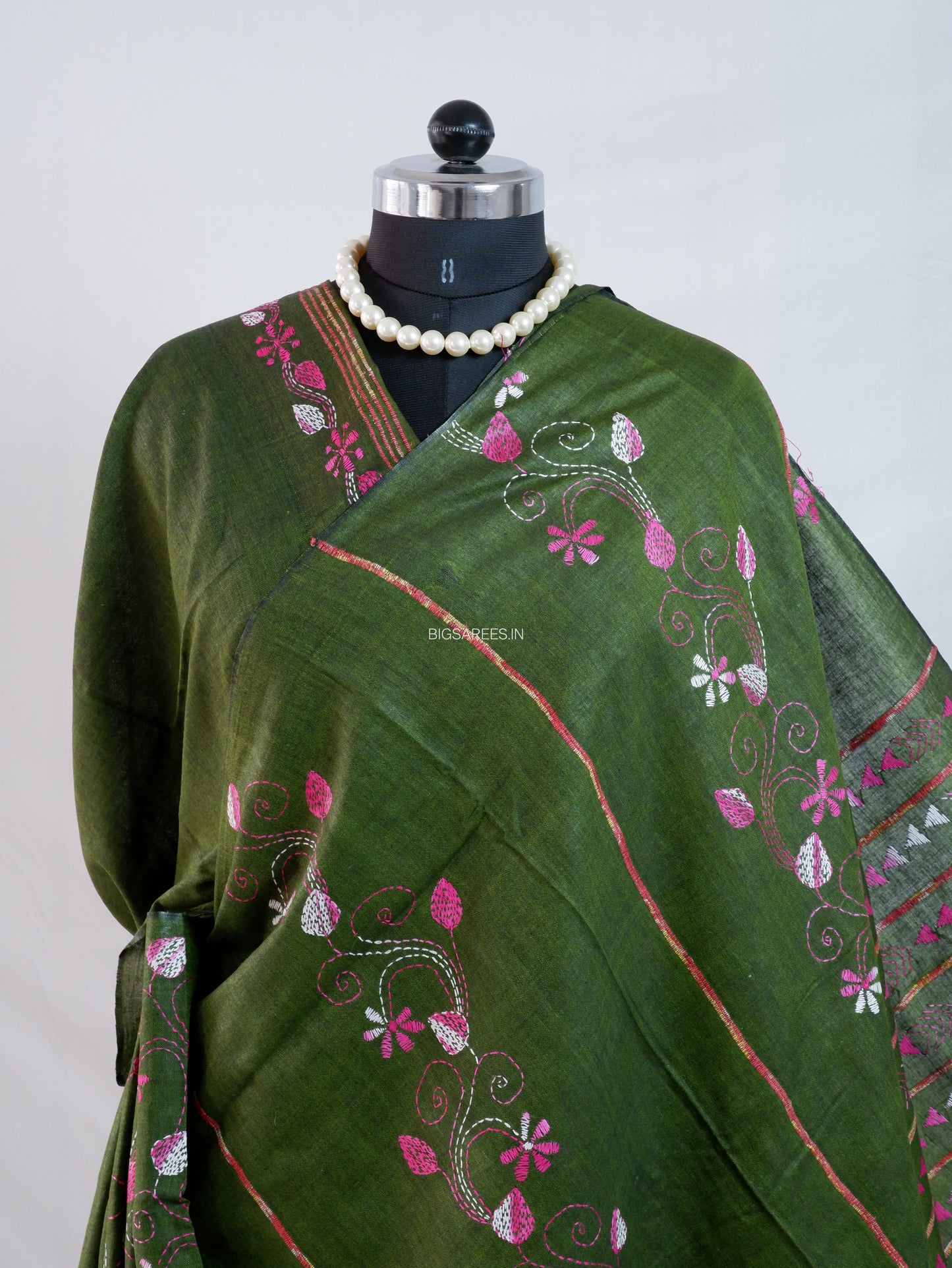 Kantha Stitch Hand-Embroidered Saree | Pure Khesh Cotton | Green