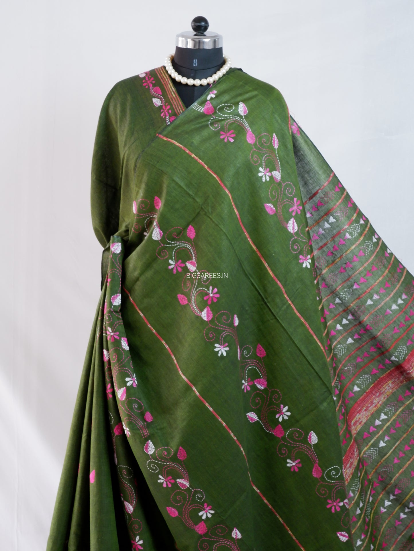 Kantha Stitch Hand-Embroidered Saree | Pure Khesh Cotton | Green