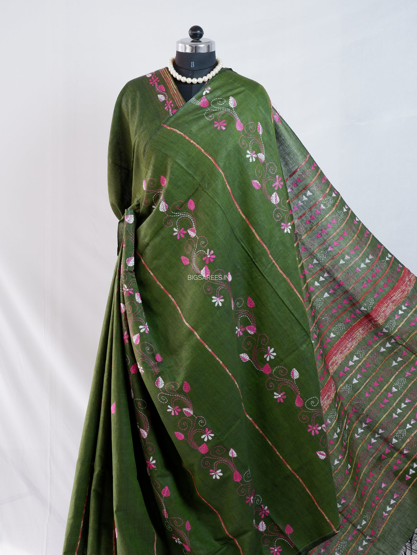 Kantha Stitch Hand-Embroidered Saree | Pure Khesh Cotton | Green