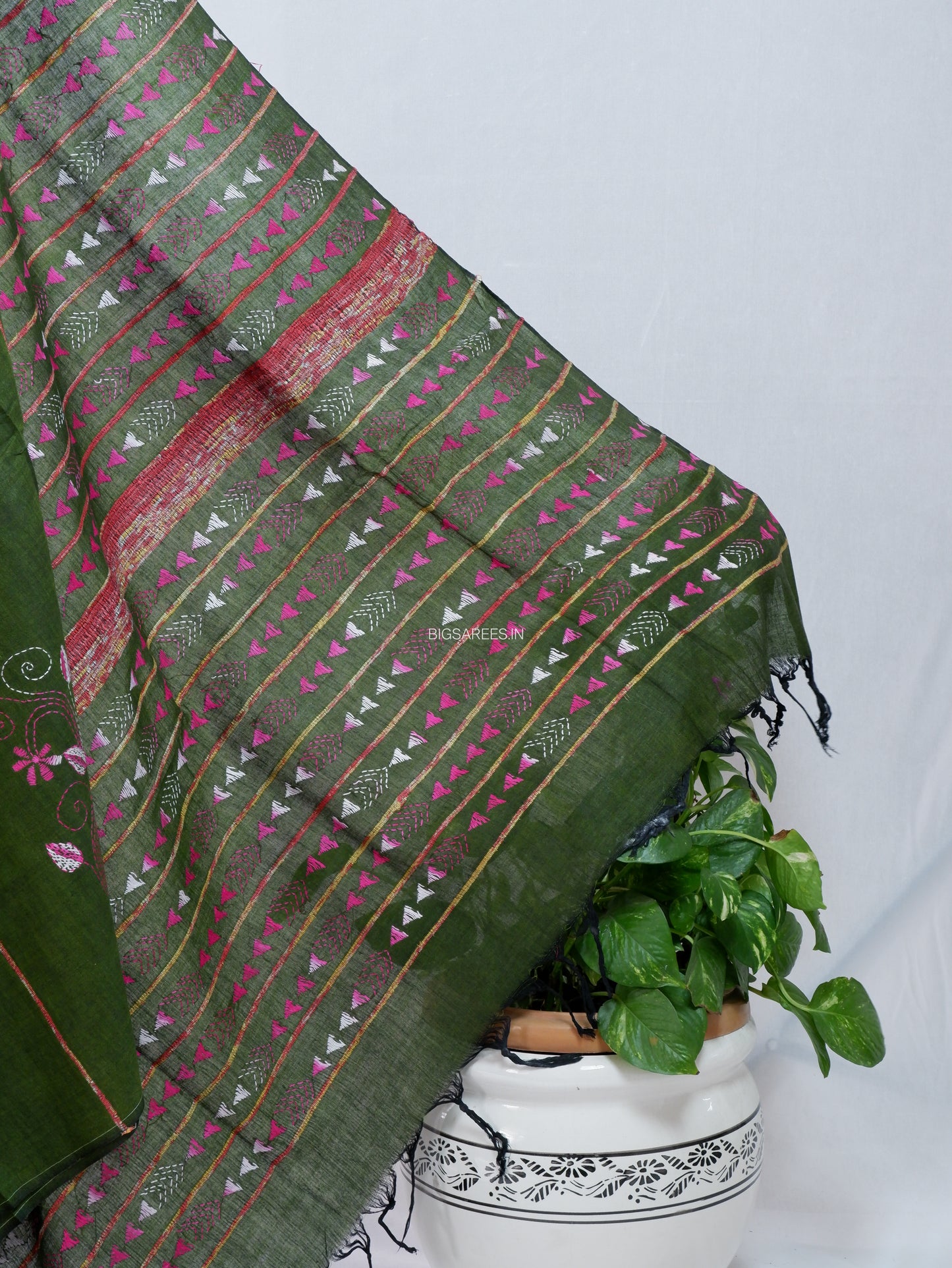 Kantha Stitch Hand-Embroidered Saree | Pure Khesh Cotton | Green