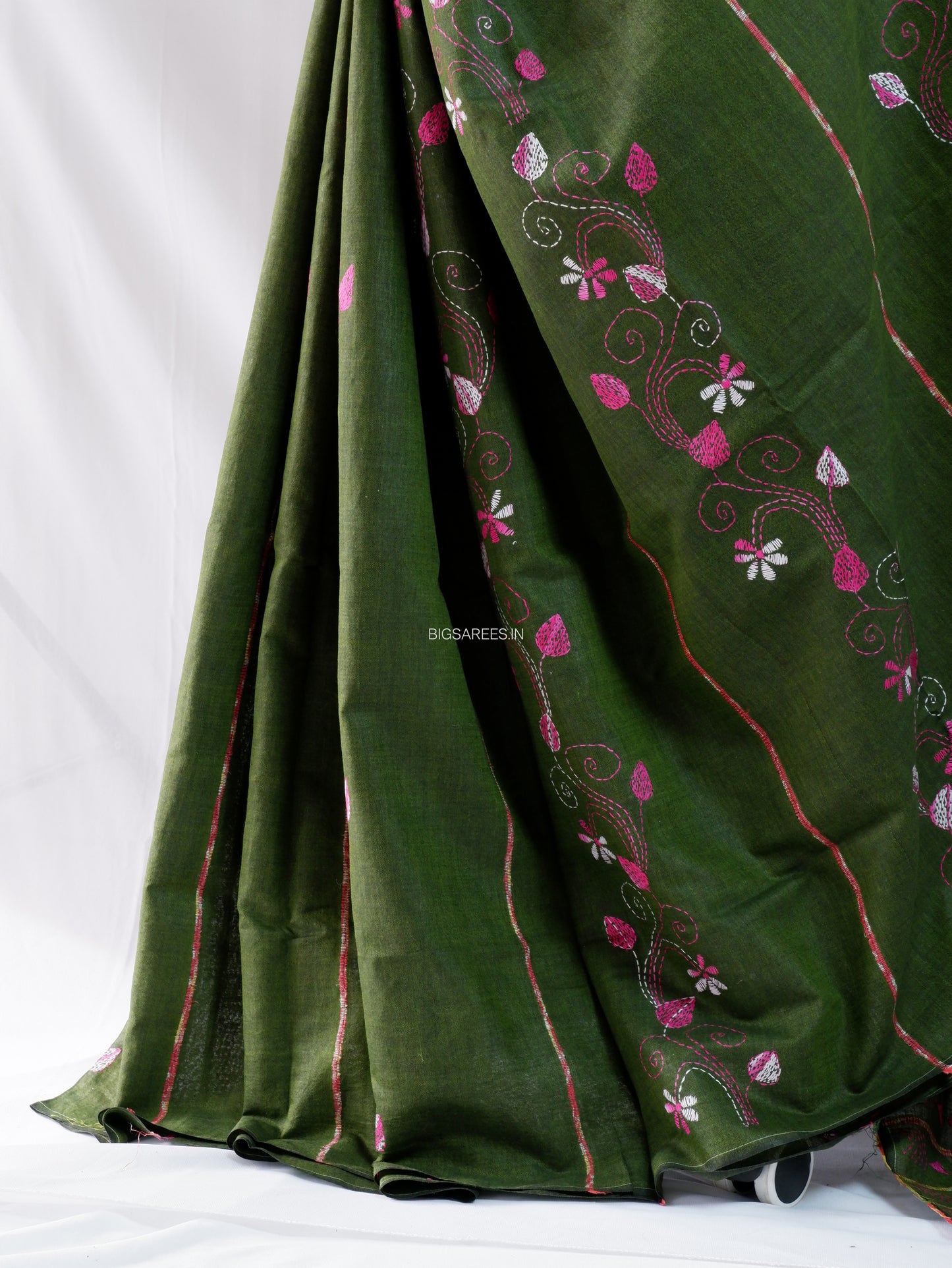 Kantha Stitch Hand-Embroidered Saree | Pure Khesh Cotton | Green