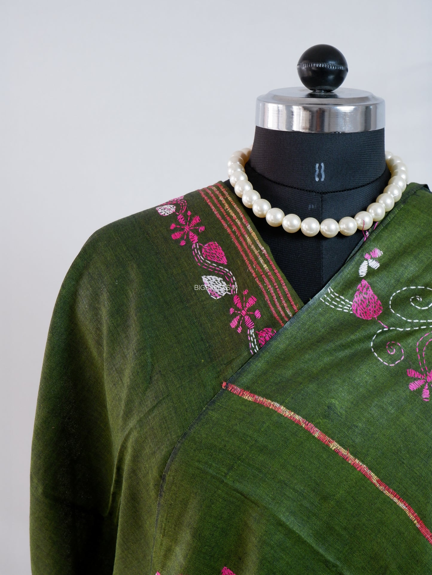 Kantha Stitch Hand-Embroidered Saree | Pure Khesh Cotton | Green