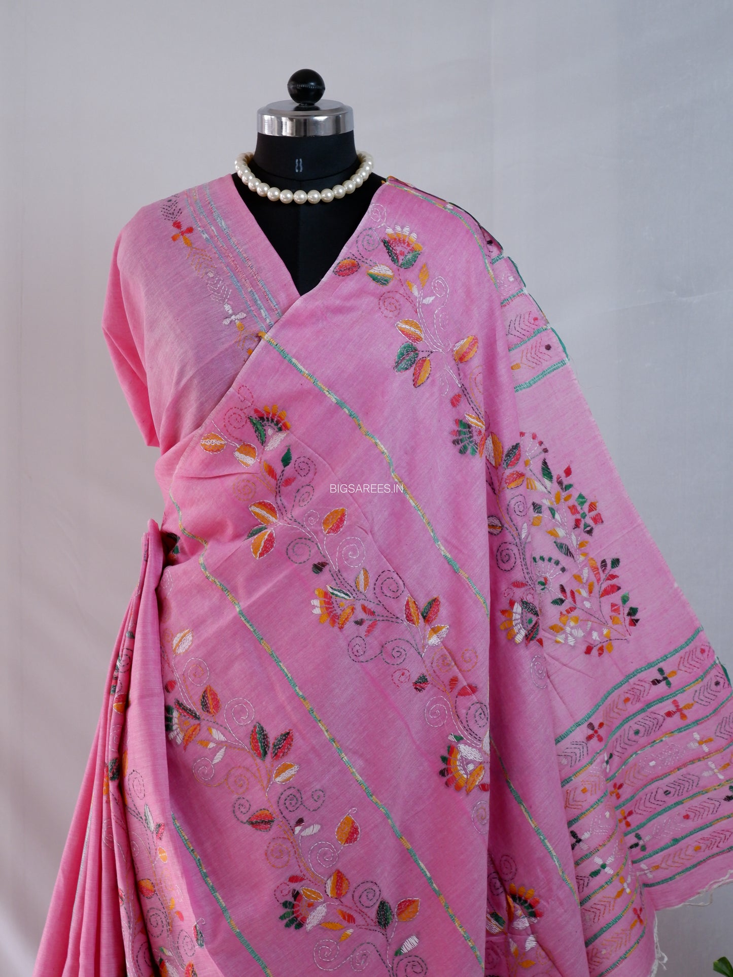 Kantha Stitch Hand-Embroidered Saree | Pure Khesh Cotton | Pink