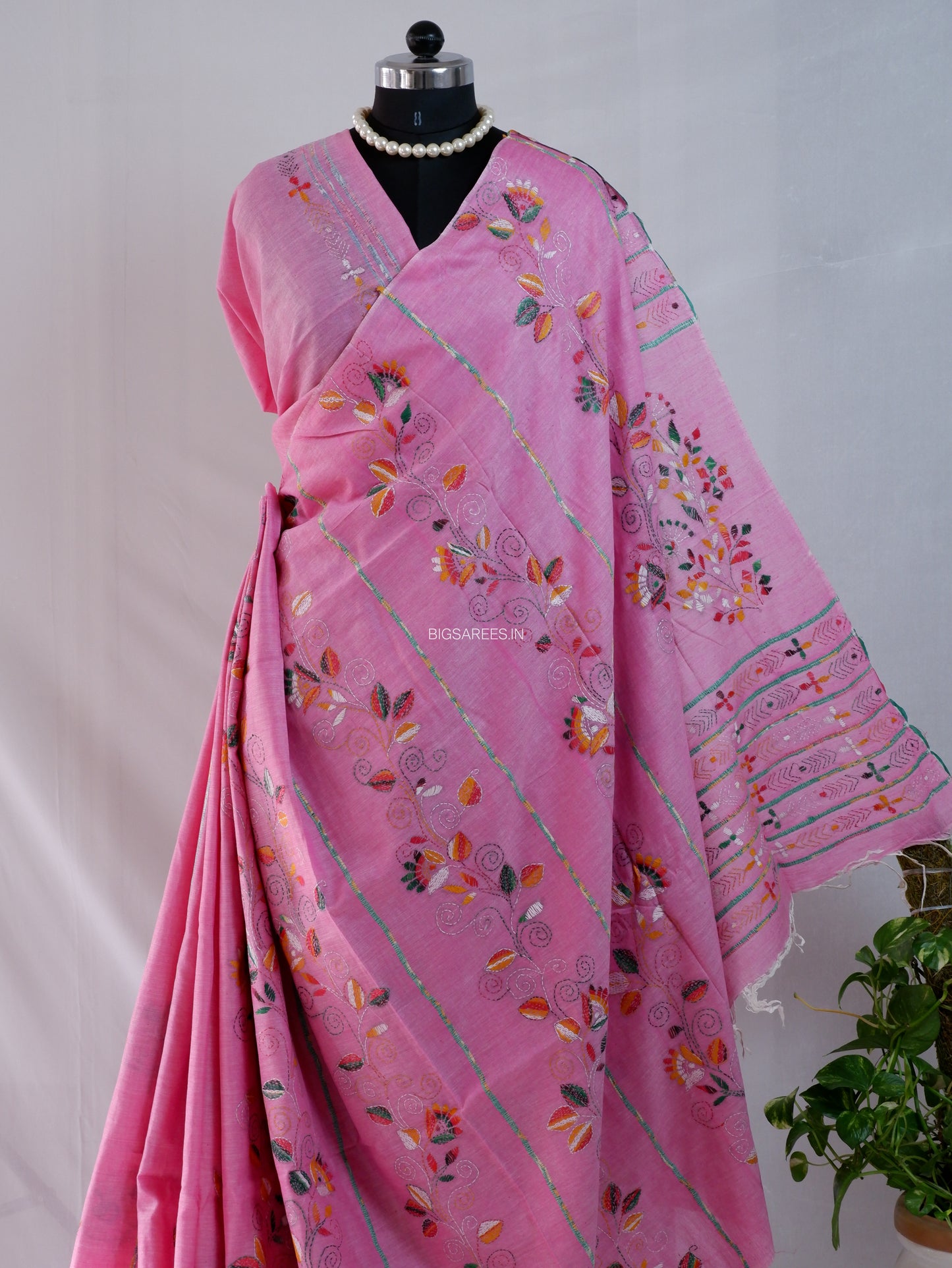 Kantha Stitch Hand-Embroidered Saree | Pure Khesh Cotton | Pink