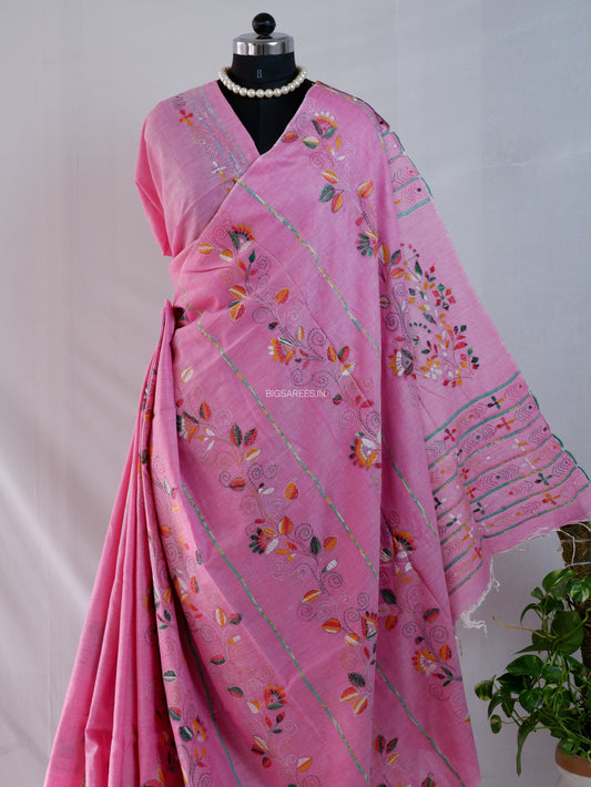 Kantha Stitch Hand-Embroidered Saree | Pure Khesh Cotton | Pink