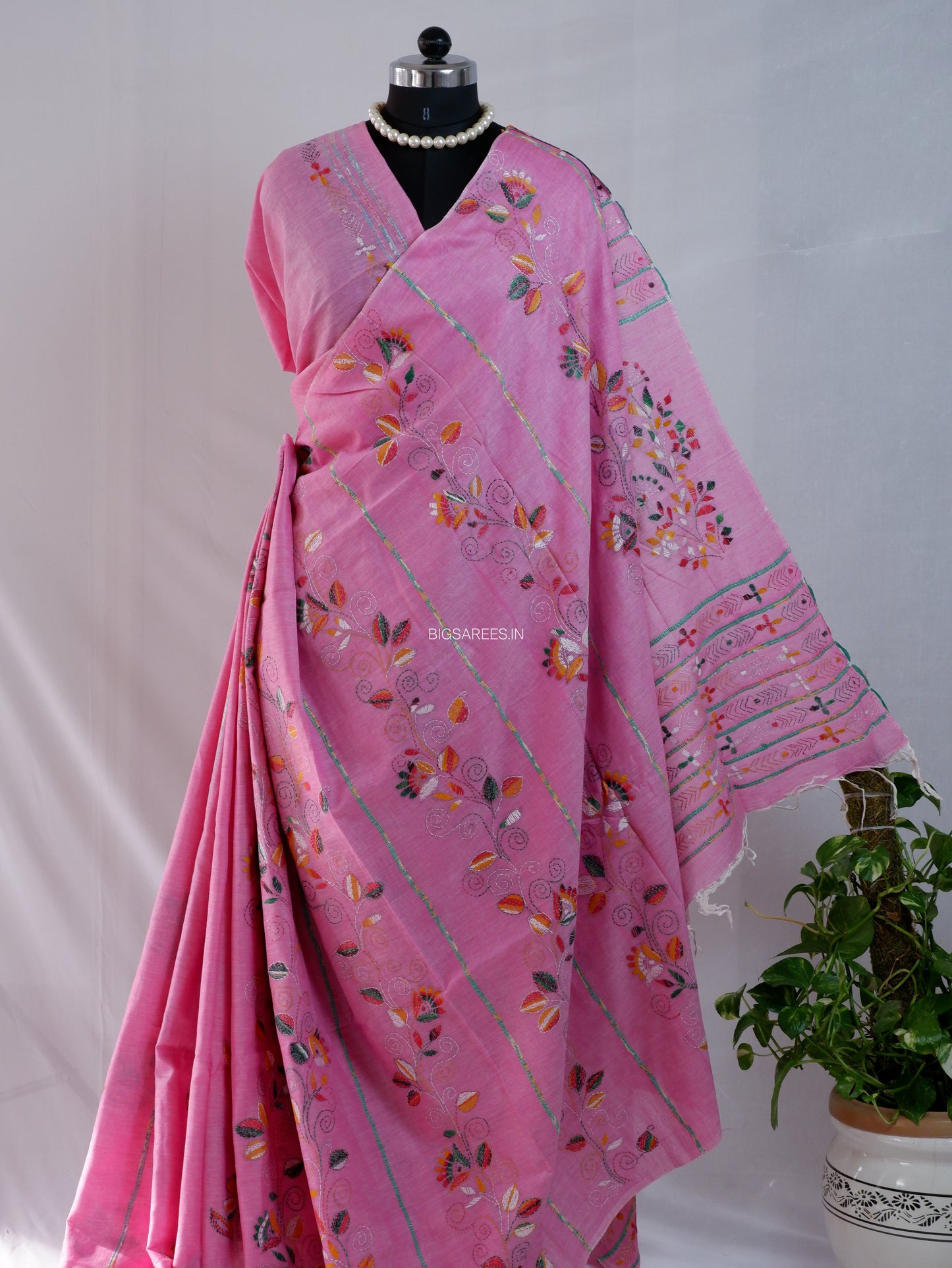 Kantha Stitch Hand-Embroidered Saree | Pure Khesh Cotton | Pink