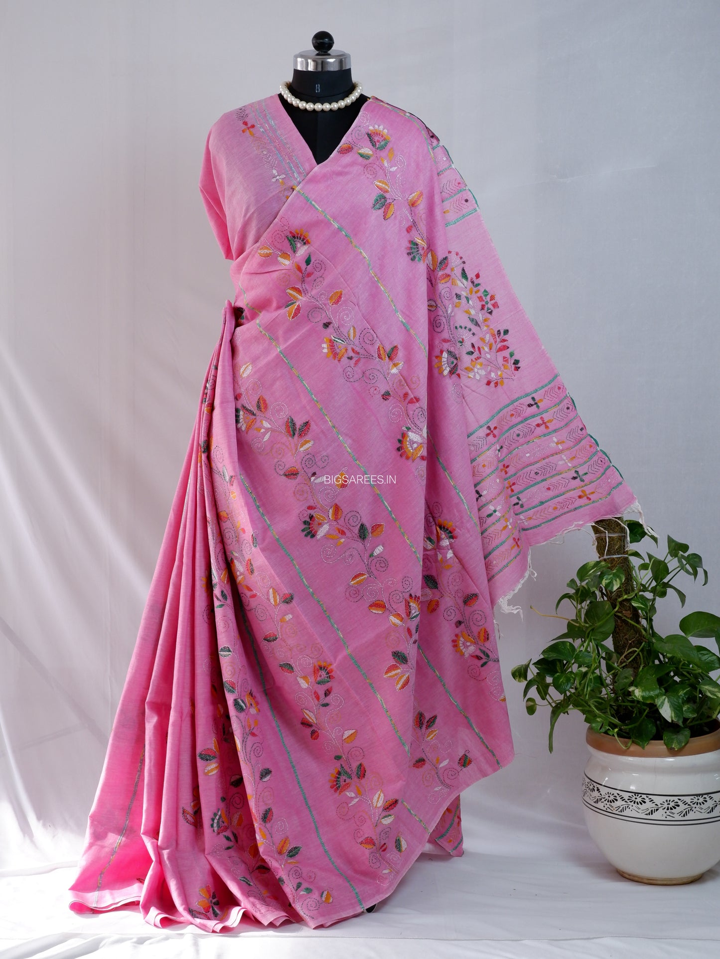 Kantha Stitch Hand-Embroidered Saree | Pure Khesh Cotton | Pink
