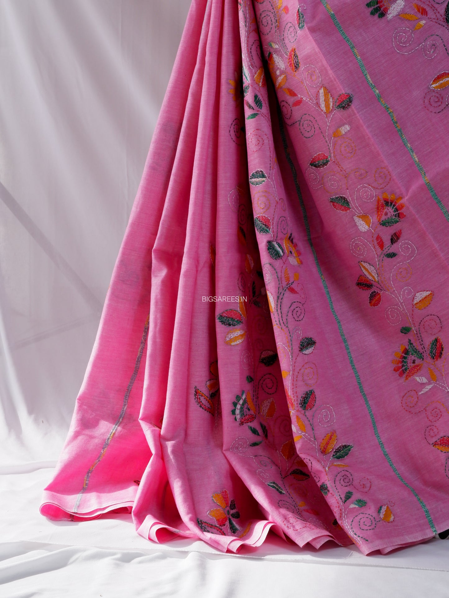 Kantha Stitch Hand-Embroidered Saree | Pure Khesh Cotton | Pink