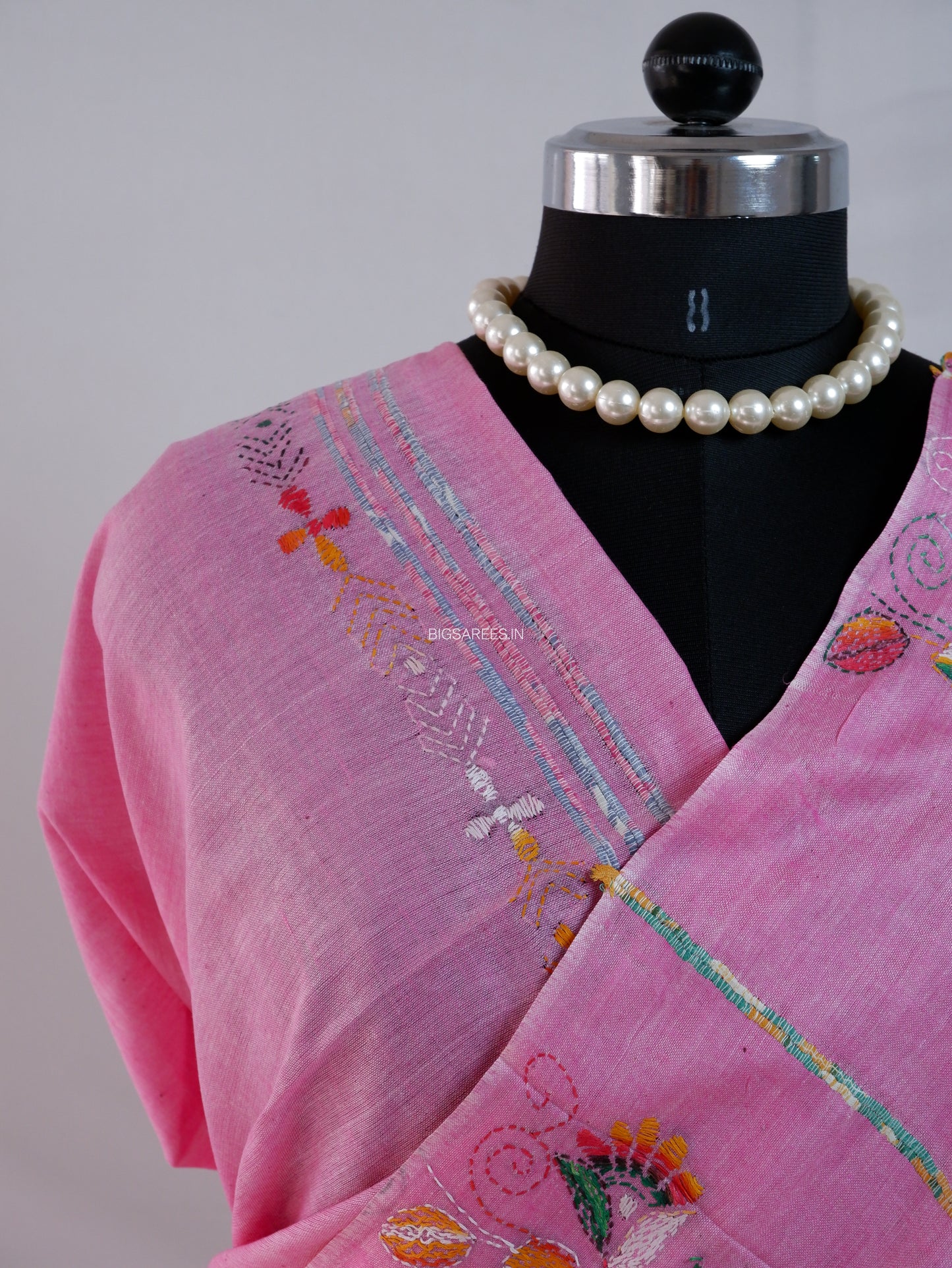 Kantha Stitch Hand-Embroidered Saree | Pure Khesh Cotton | Pink