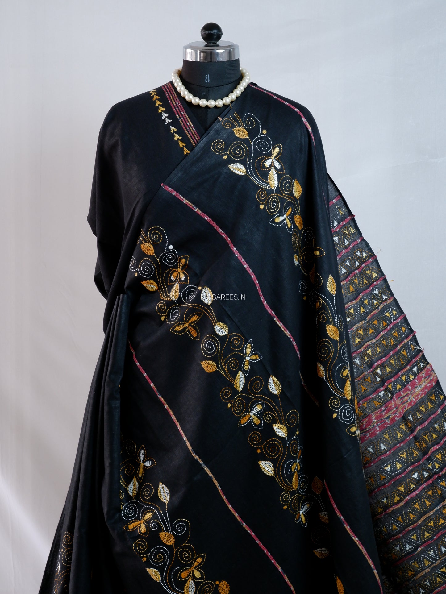 Kantha Stitch Hand-Embroidered Saree | Pure Khesh Cotton | Black