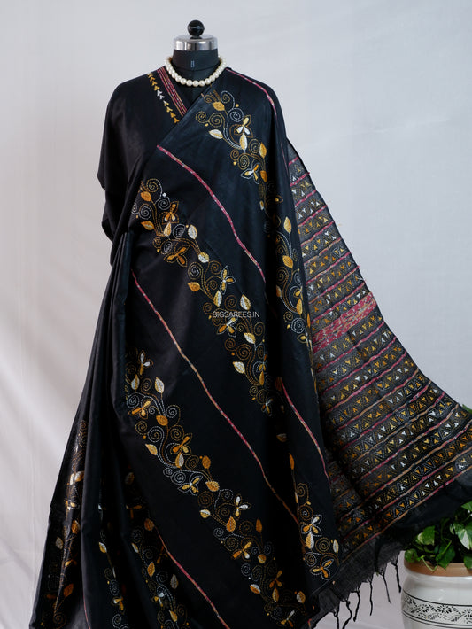 Kantha Stitch Hand-Embroidered Saree | Pure Khesh Cotton | Black