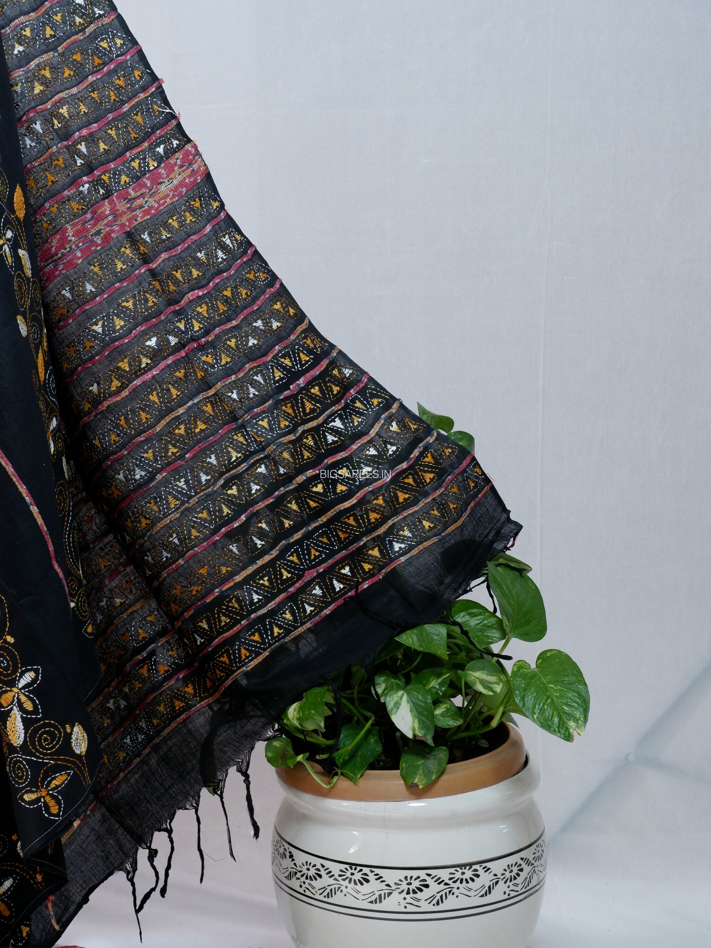 Kantha Stitch Hand-Embroidered Saree | Pure Khesh Cotton | Black