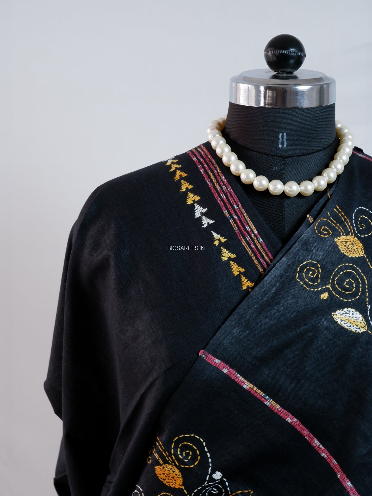 Kantha Stitch Hand-Embroidered Saree | Pure Khesh Cotton | Black