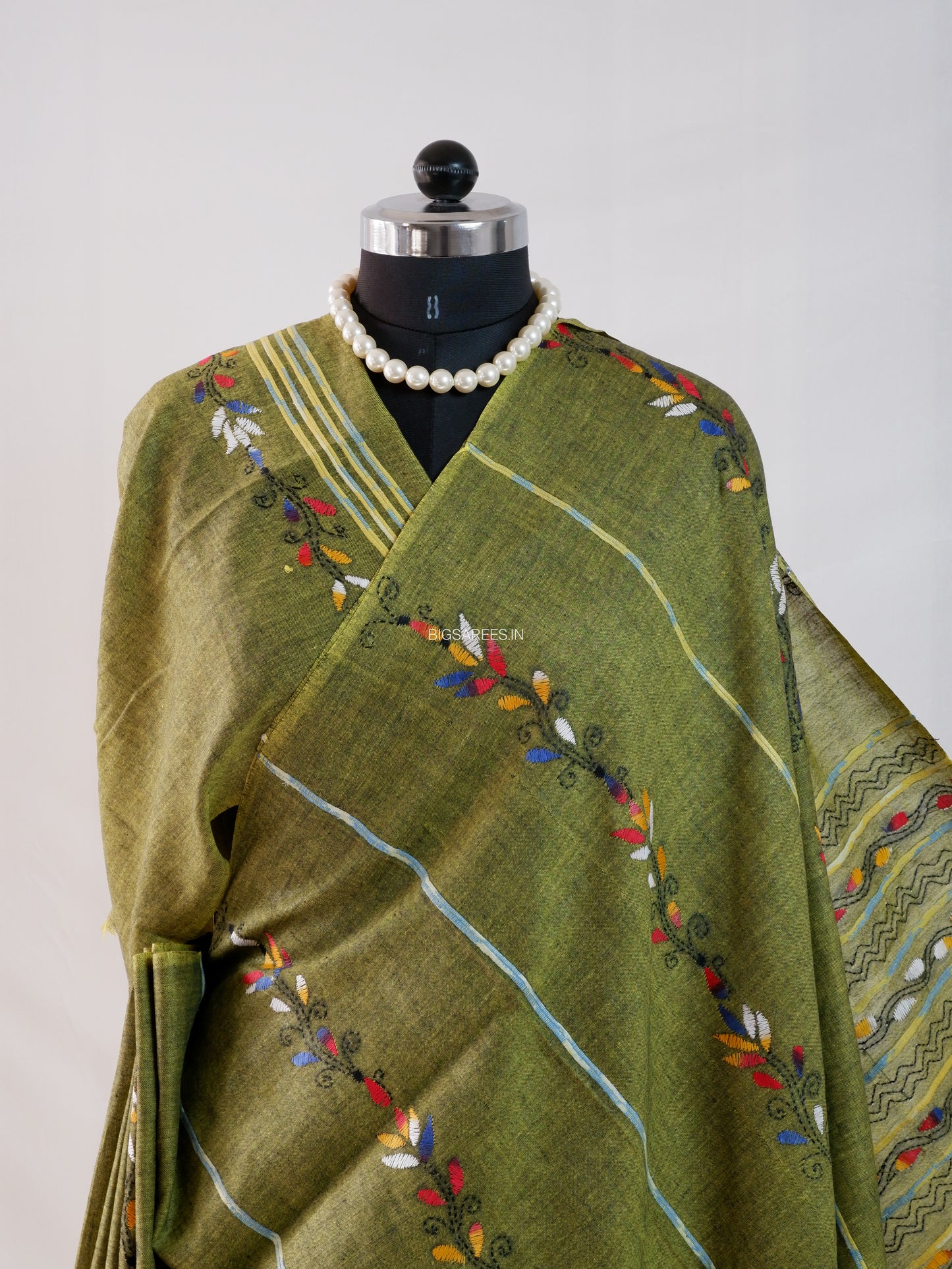 Kantha Stitch Hand-Embroidered Saree | Pure Khesh Cotton | Moss Green