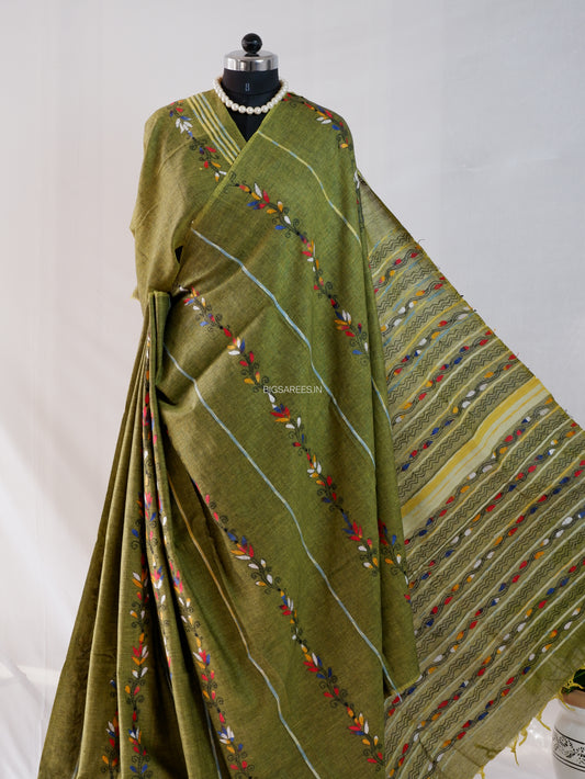 Kantha Stitch Hand-Embroidered Saree | Pure Khesh Cotton | Moss Green
