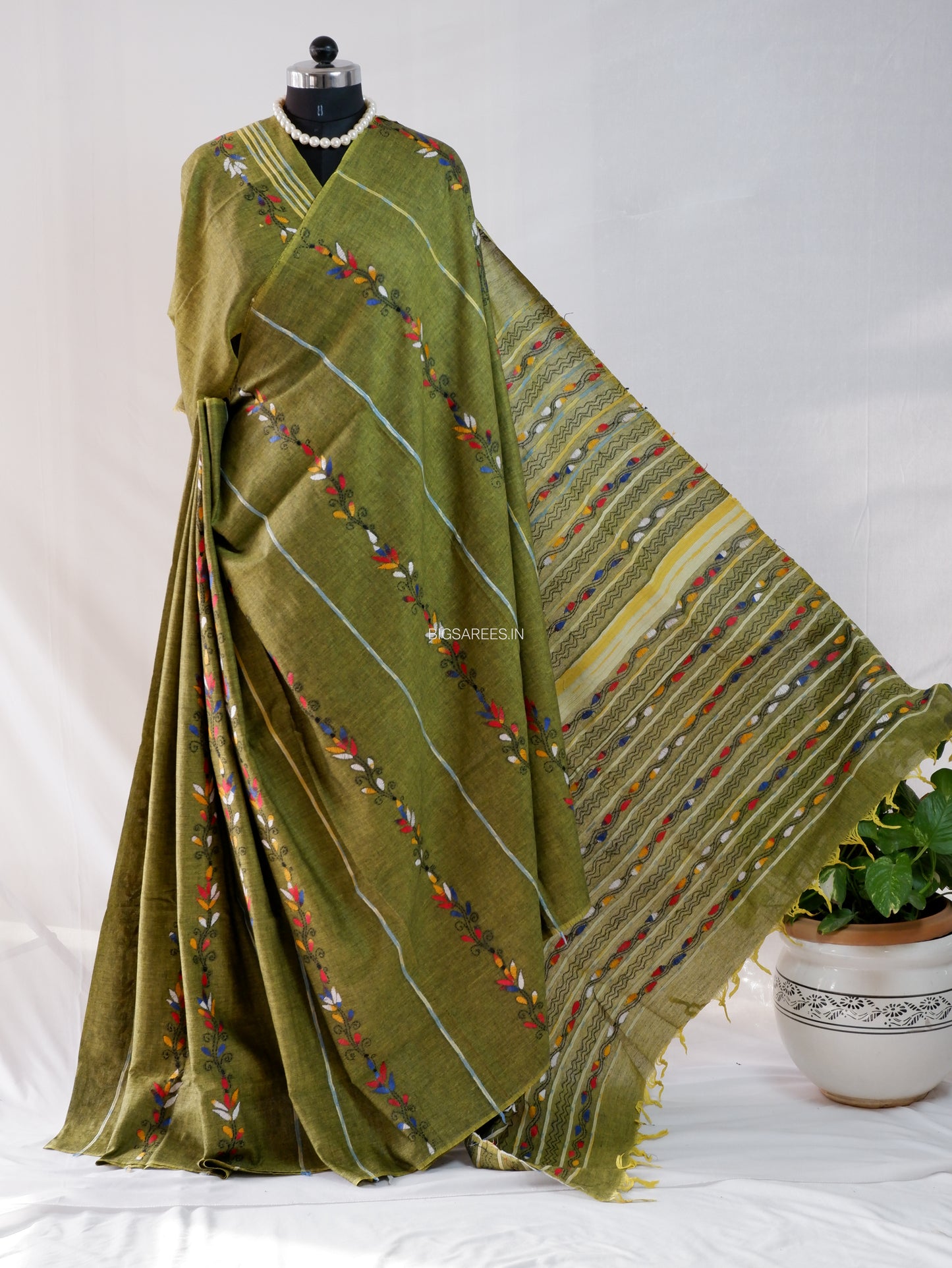 Kantha Stitch Hand-Embroidered Saree | Pure Khesh Cotton | Moss Green