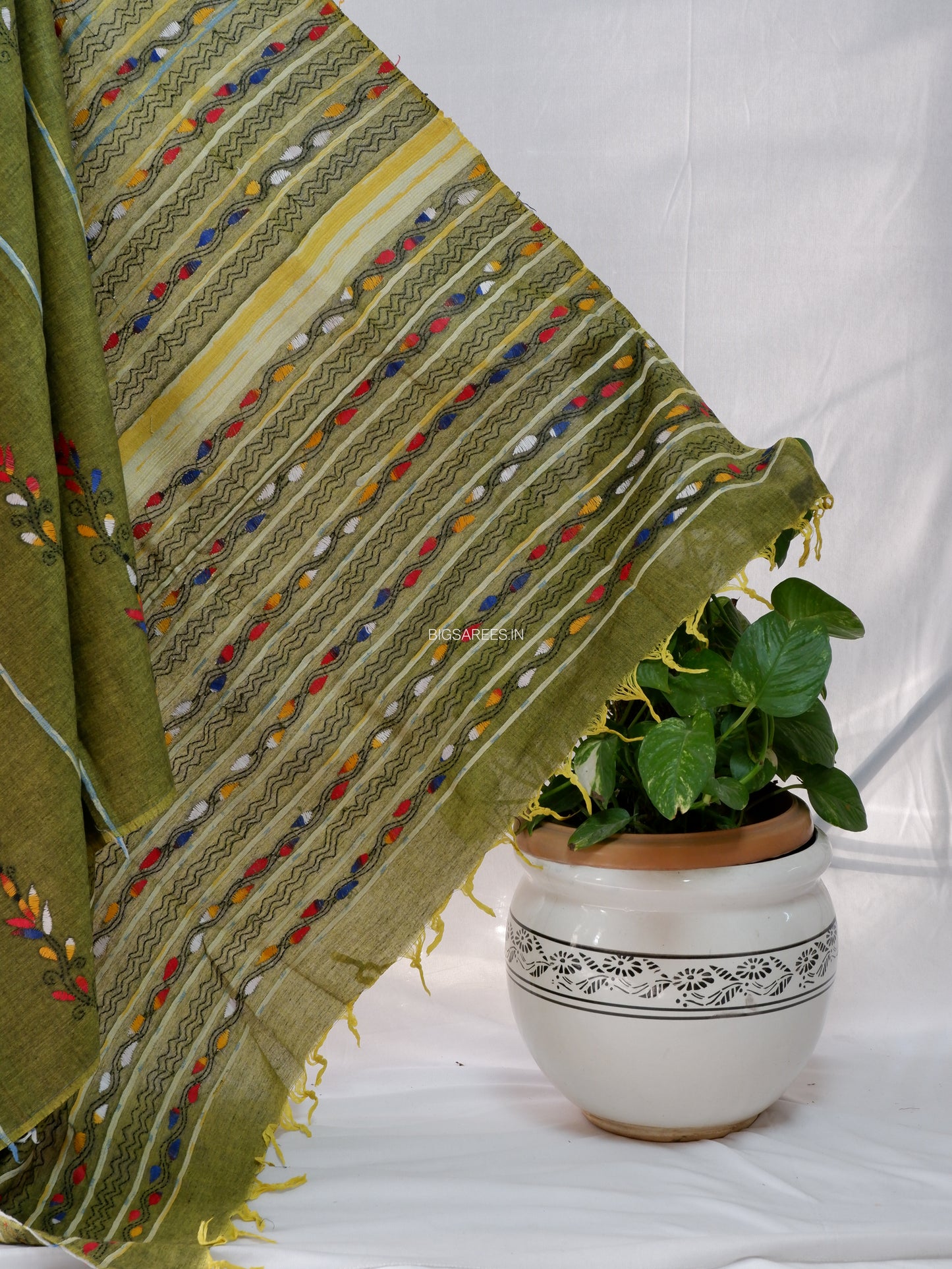 Kantha Stitch Hand-Embroidered Saree | Pure Khesh Cotton | Moss Green