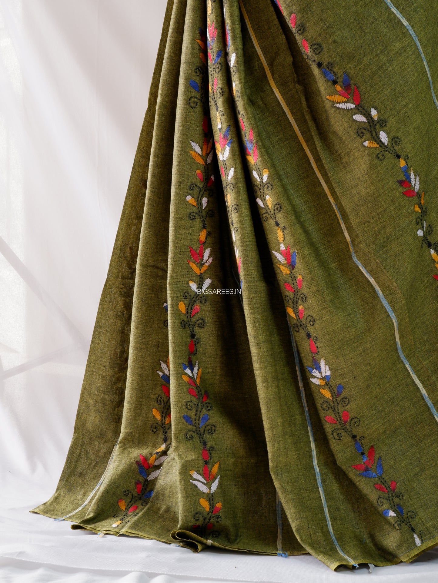 Kantha Stitch Hand-Embroidered Saree | Pure Khesh Cotton | Moss Green