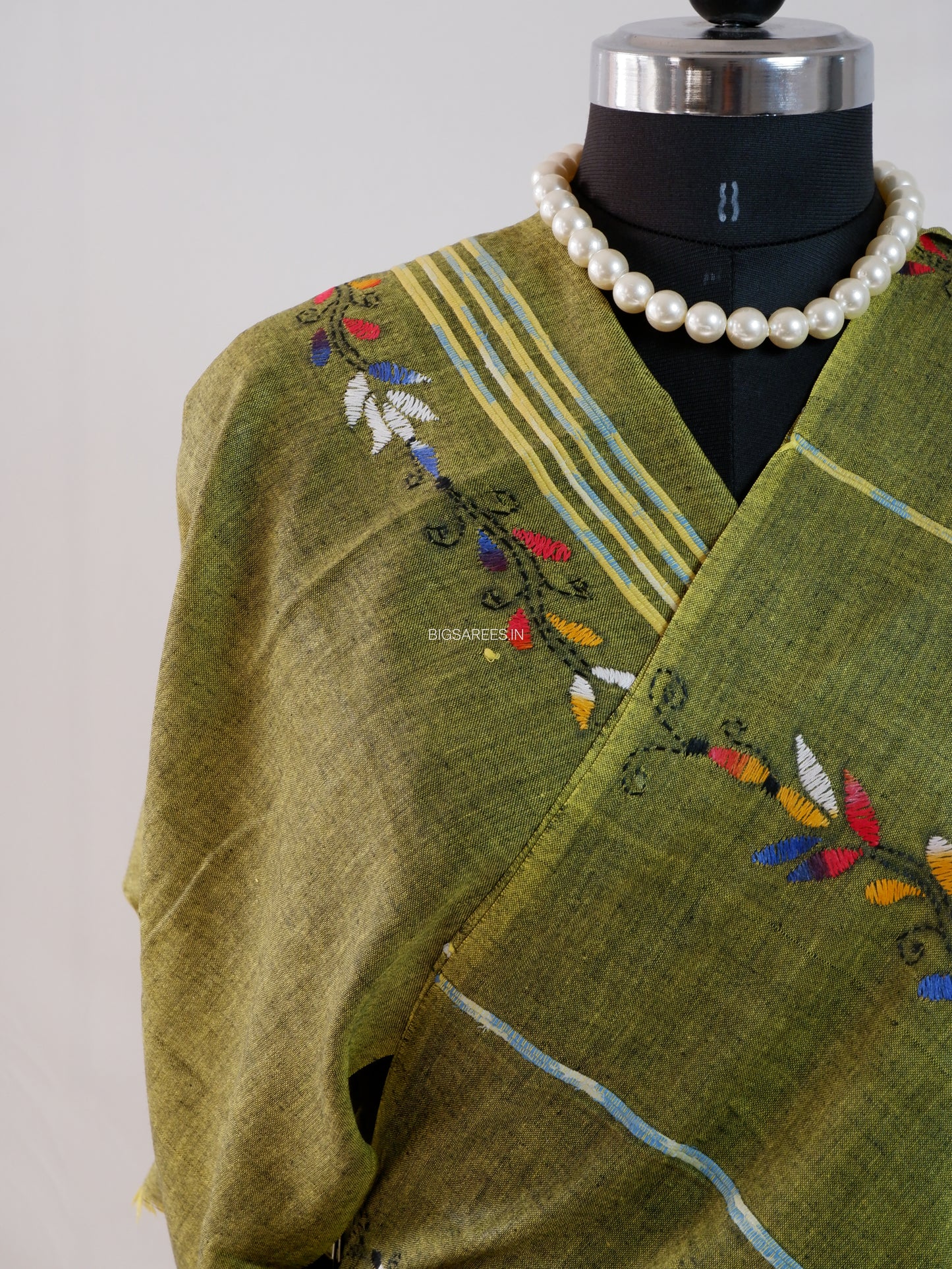 Kantha Stitch Hand-Embroidered Saree | Pure Khesh Cotton | Moss Green