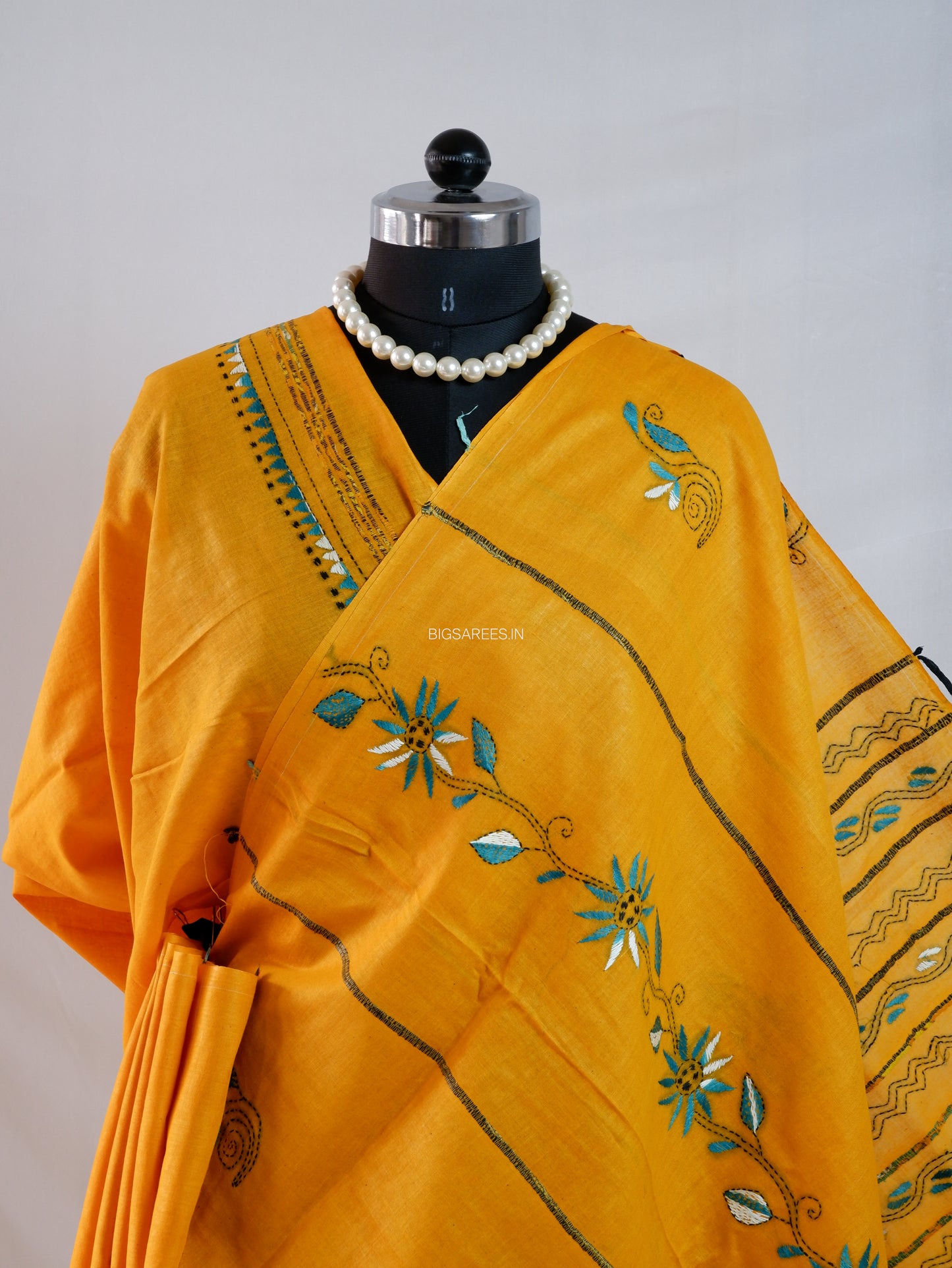 Kantha Stitch Hand-Embroidered Saree | Pure Khesh Cotton | Yellow