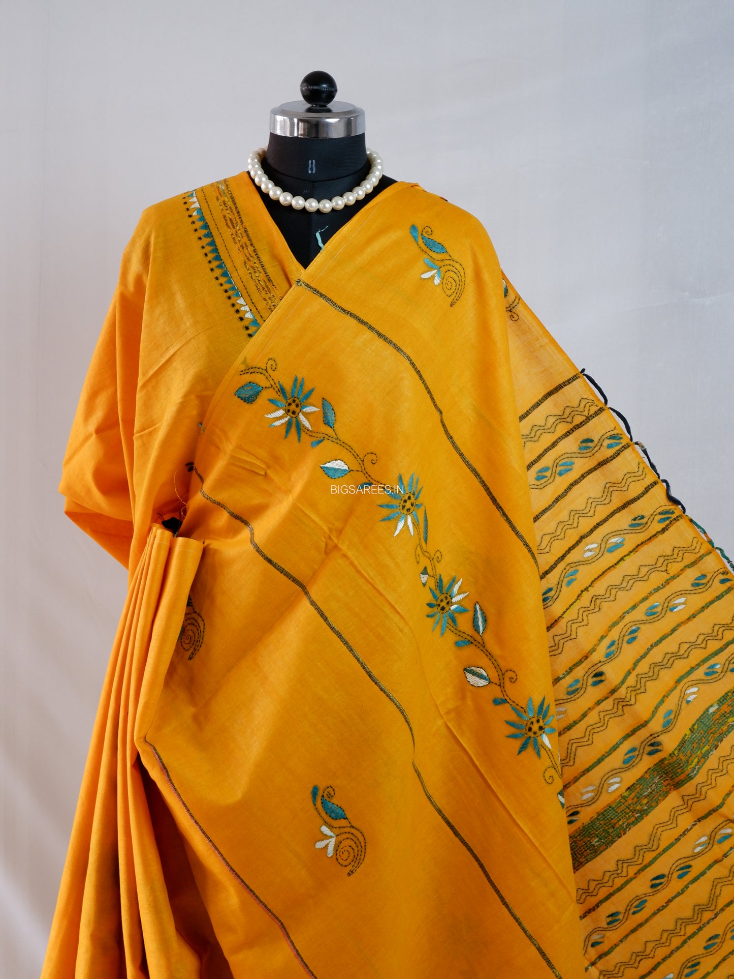 Kantha Stitch Hand-Embroidered Saree | Pure Khesh Cotton | Yellow
