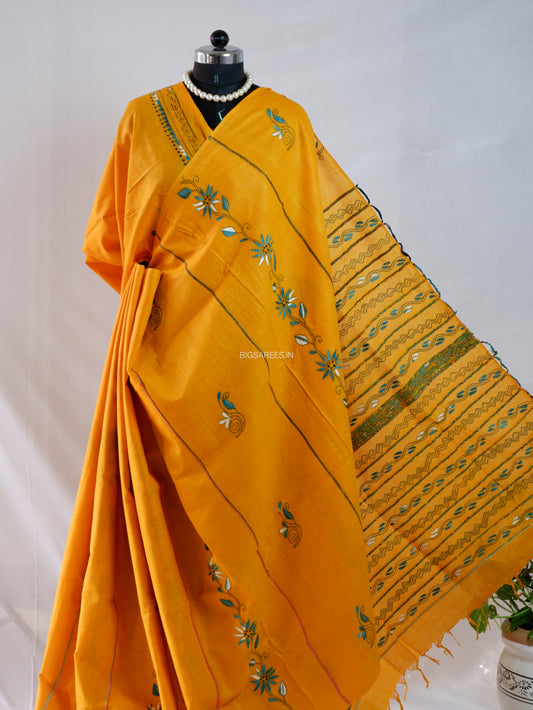 Kantha Stitch Hand-Embroidered Saree | Pure Khesh Cotton | Yellow