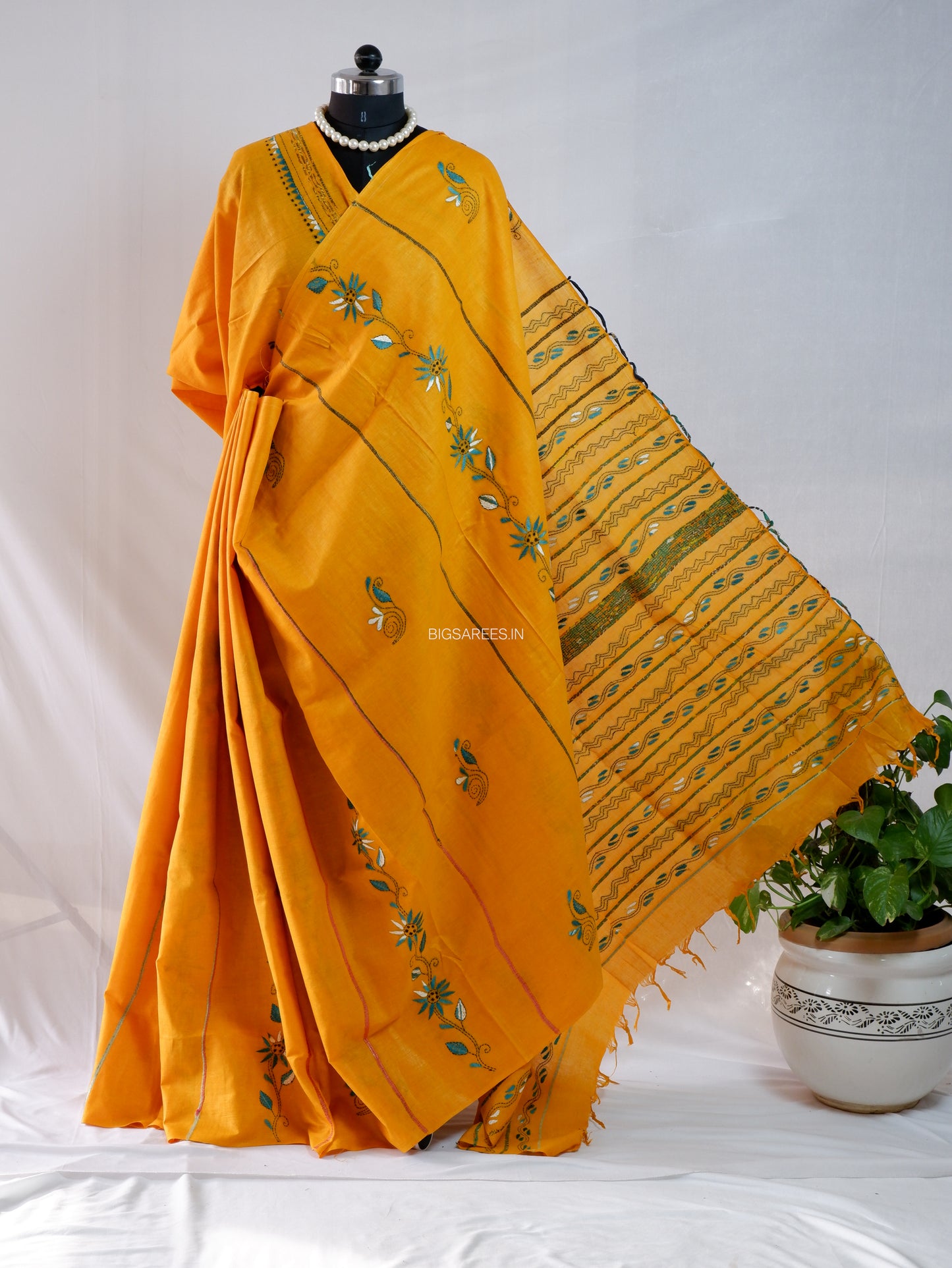 Kantha Stitch Hand-Embroidered Saree | Pure Khesh Cotton | Yellow