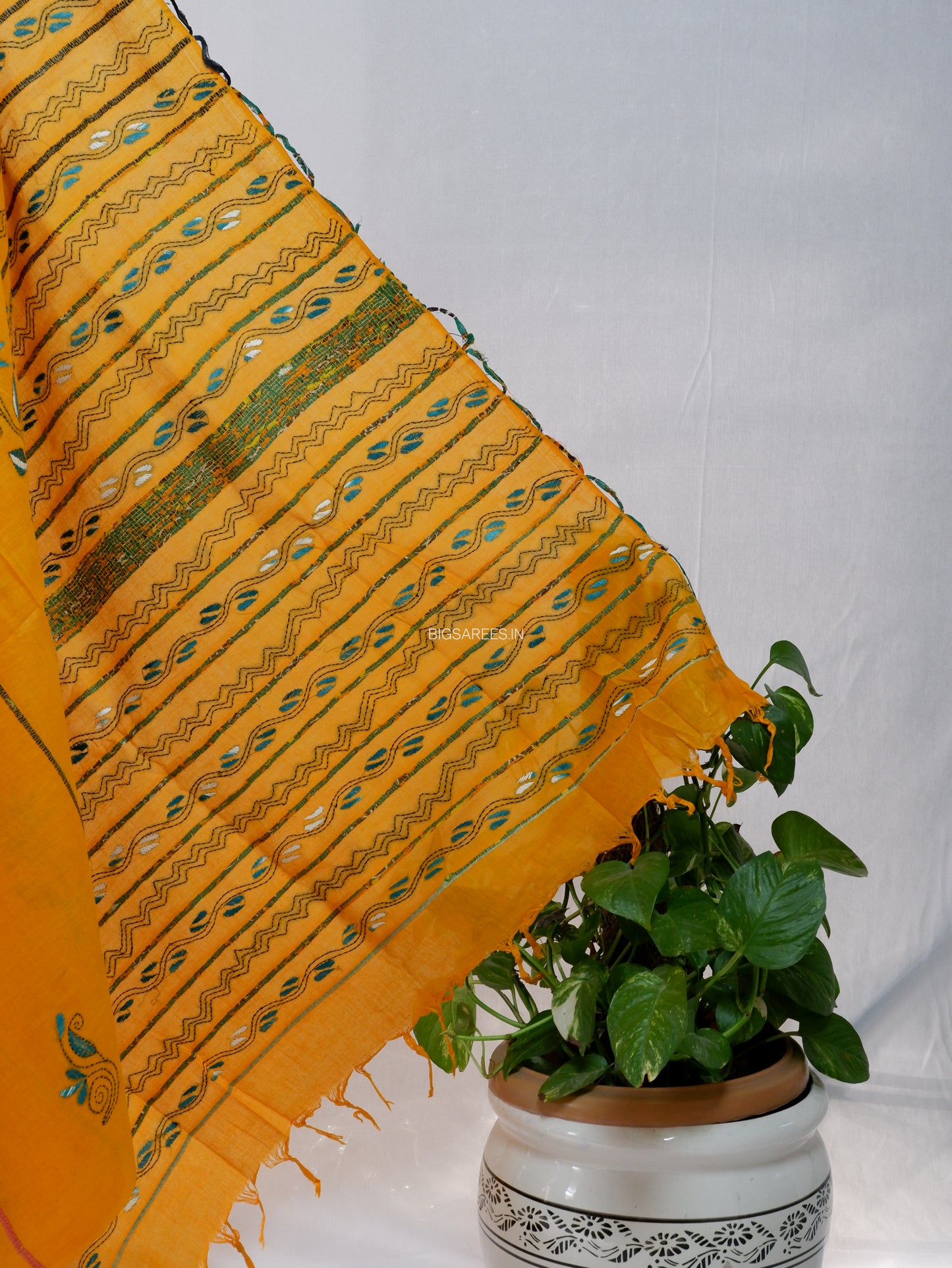 Kantha Stitch Hand-Embroidered Saree | Pure Khesh Cotton | Yellow