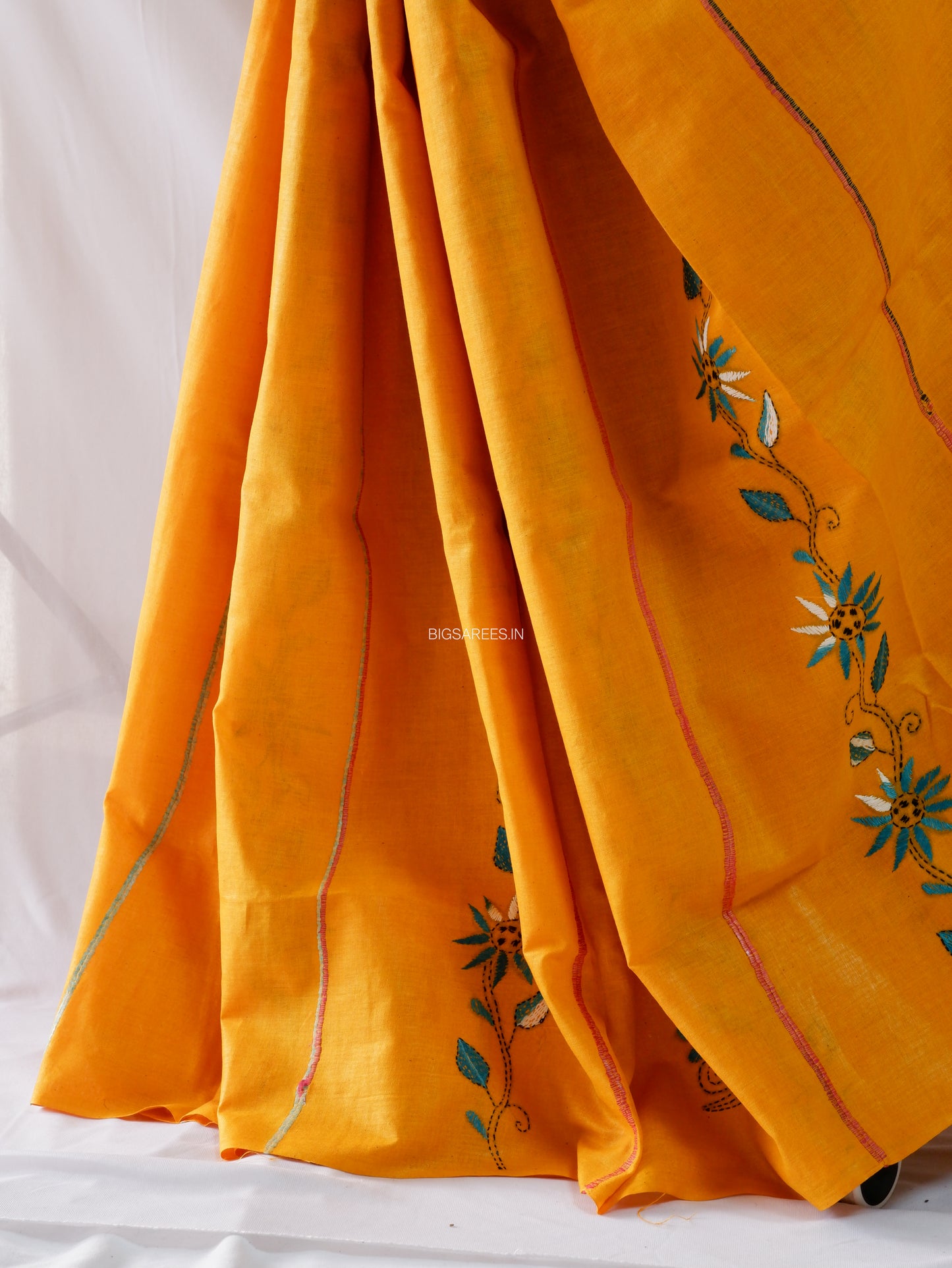 Kantha Stitch Hand-Embroidered Saree | Pure Khesh Cotton | Yellow