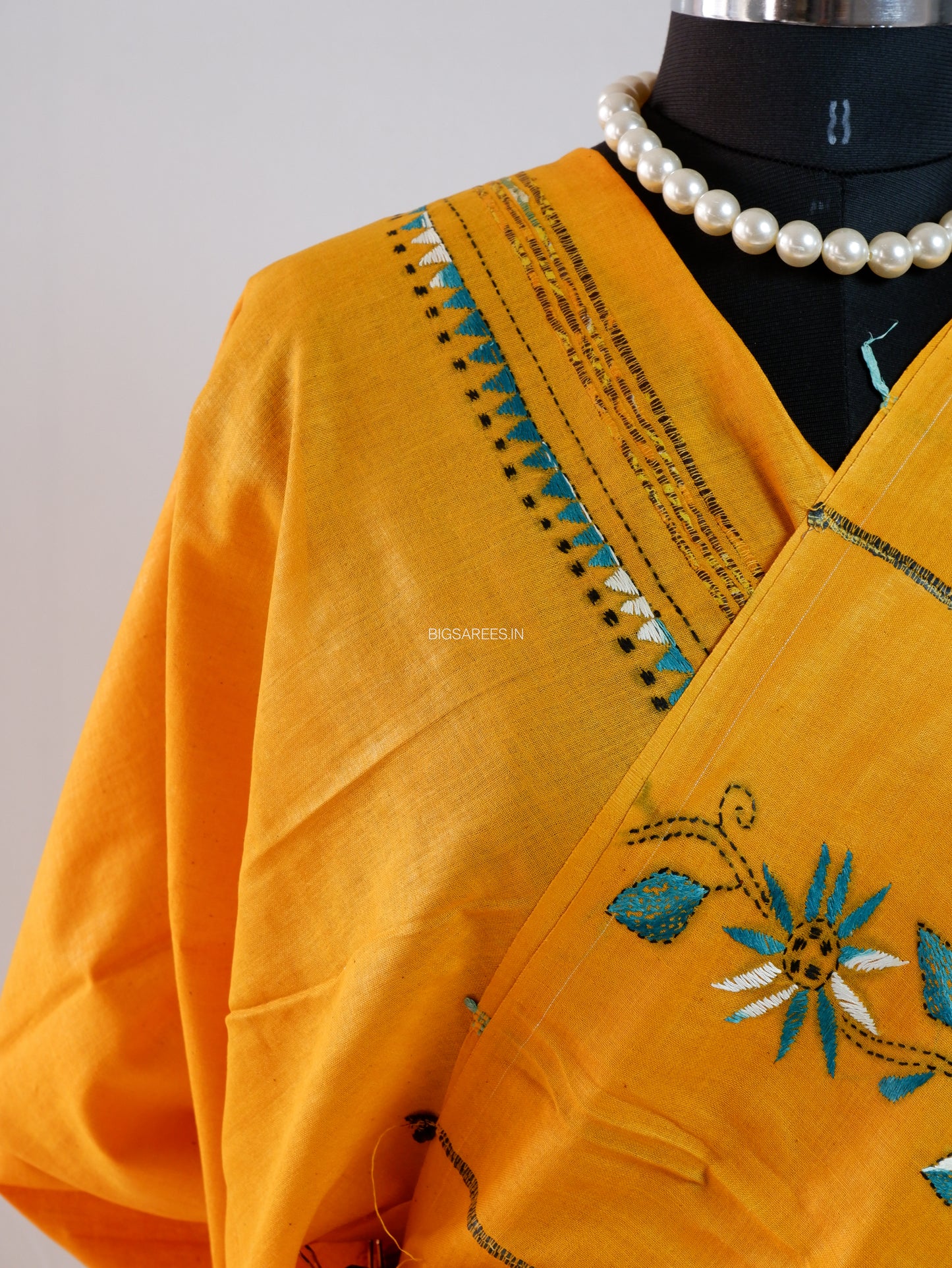 Kantha Stitch Hand-Embroidered Saree | Pure Khesh Cotton | Yellow
