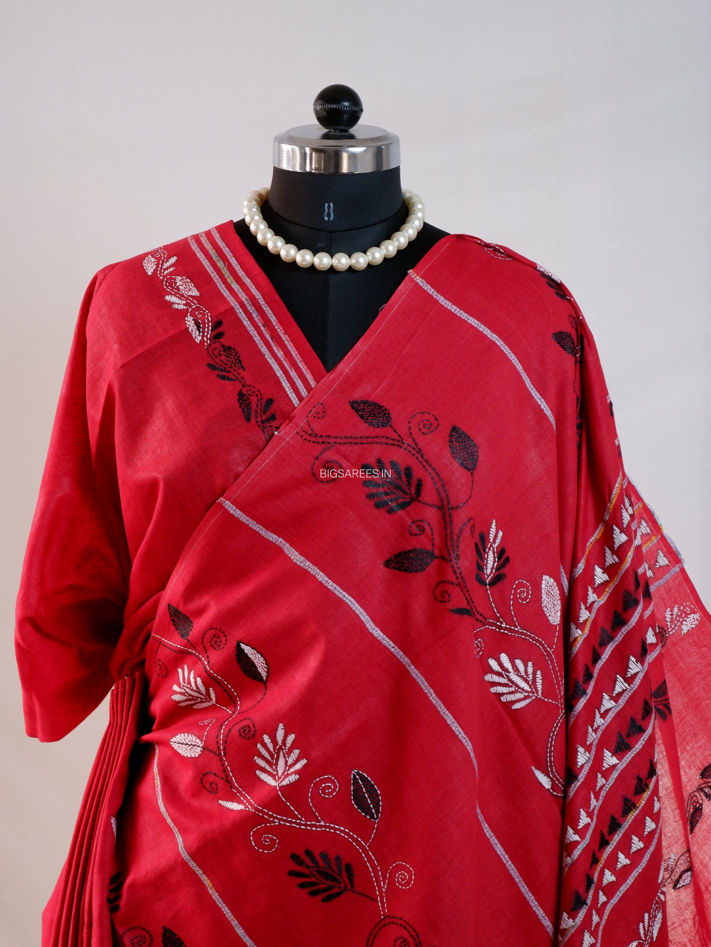 Kantha Stitch Hand-Embroidered Saree | Pure Khesh Cotton | Red