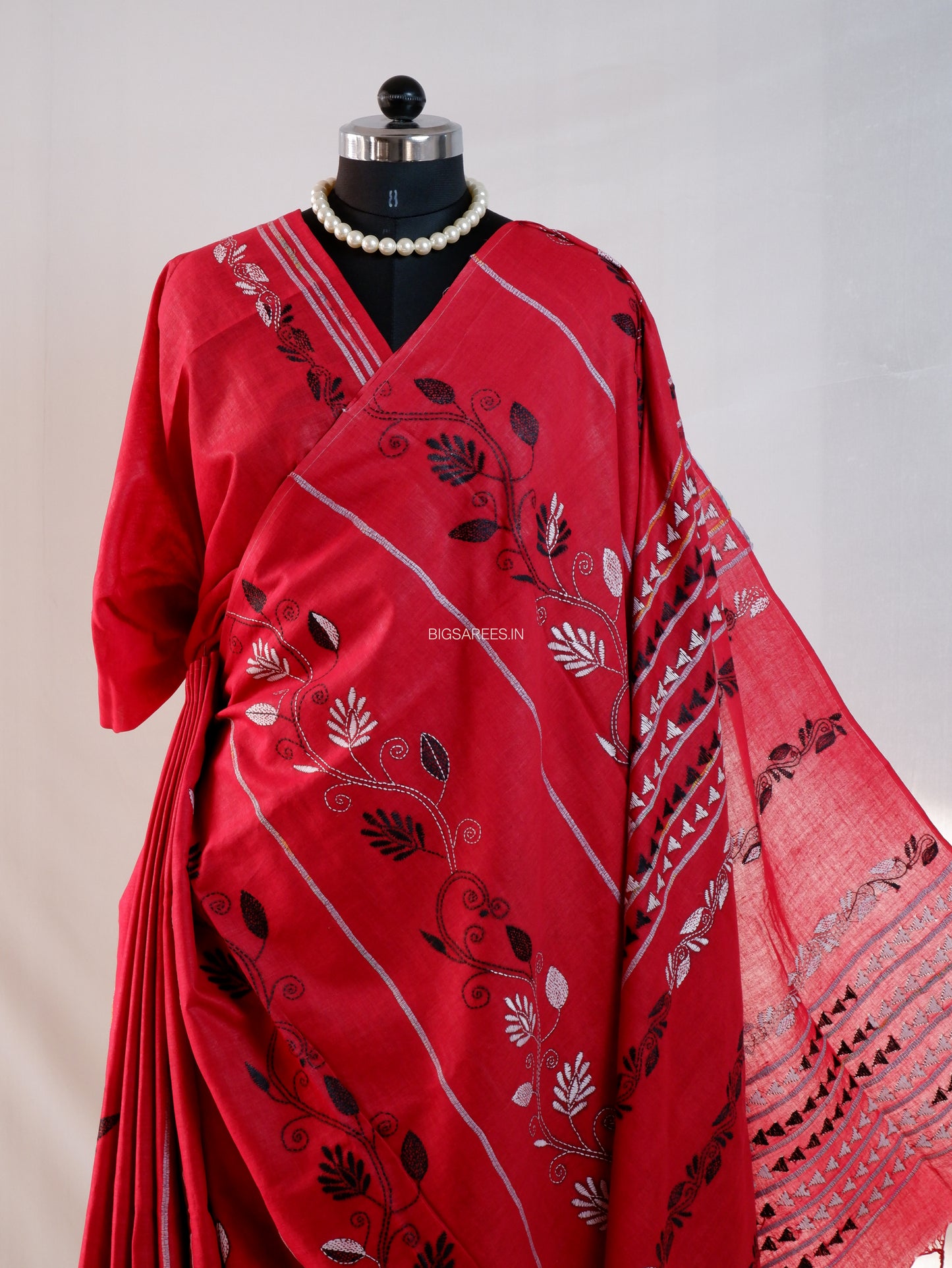 Kantha Stitch Hand-Embroidered Saree | Pure Khesh Cotton | Red