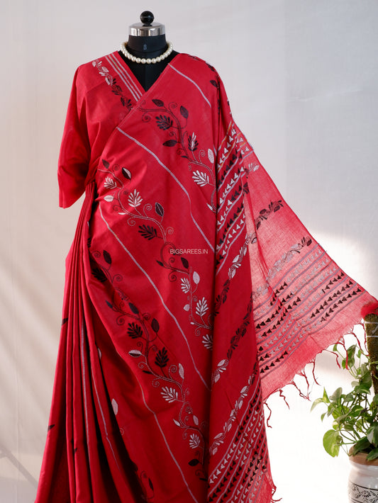 Kantha Stitch Hand-Embroidered Saree | Pure Khesh Cotton | Red