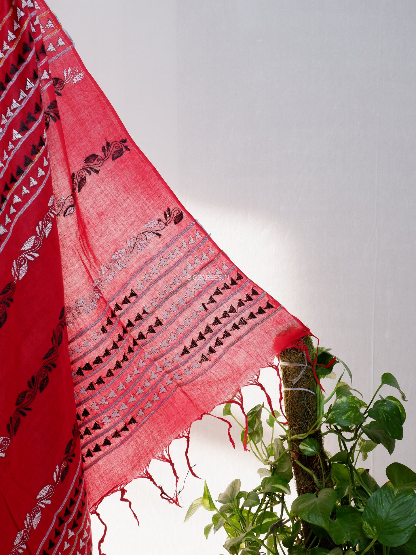 Kantha Stitch Hand-Embroidered Saree | Pure Khesh Cotton | Red