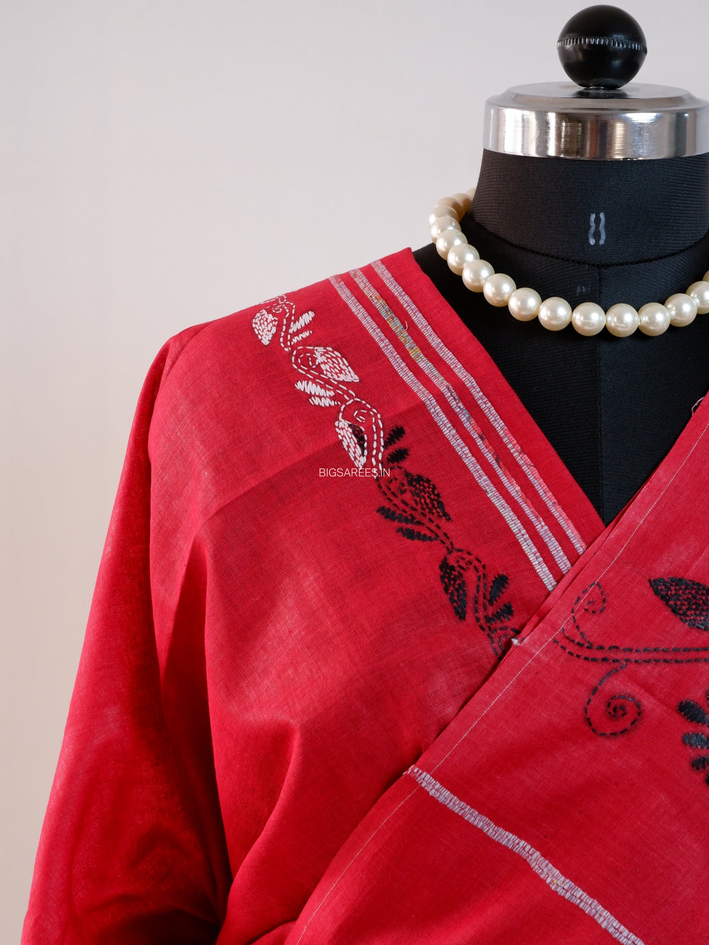 Kantha Stitch Hand-Embroidered Saree | Pure Khesh Cotton | Red