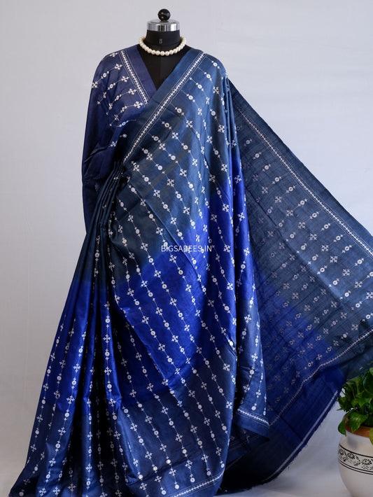 Kutchi Hand Embroidered Saree | Pure Tassar Silk | Silk Marked | Blue