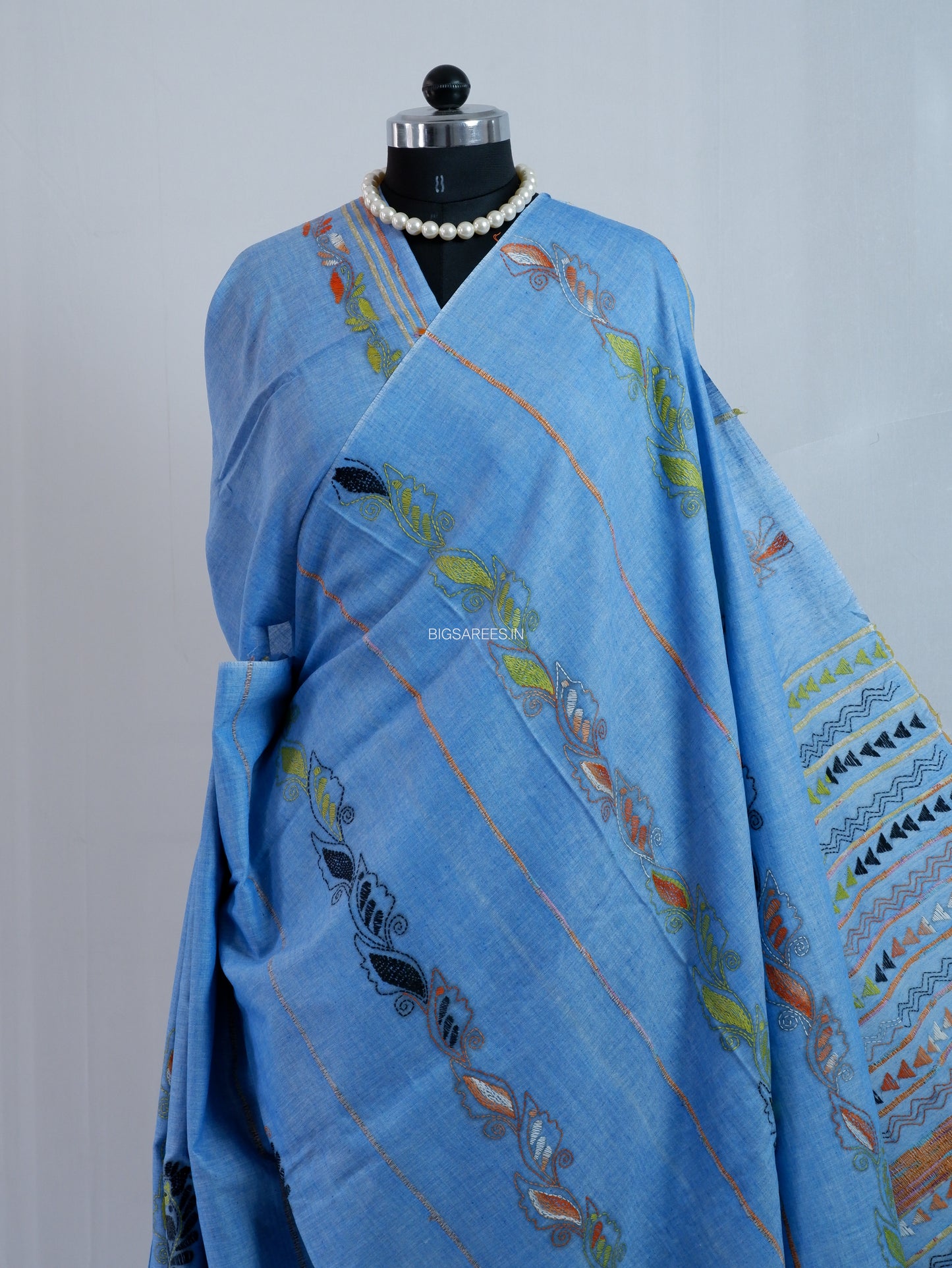 Kantha Hand-Embroidered Saree | Pure Khesh Cotton | Azure Blue