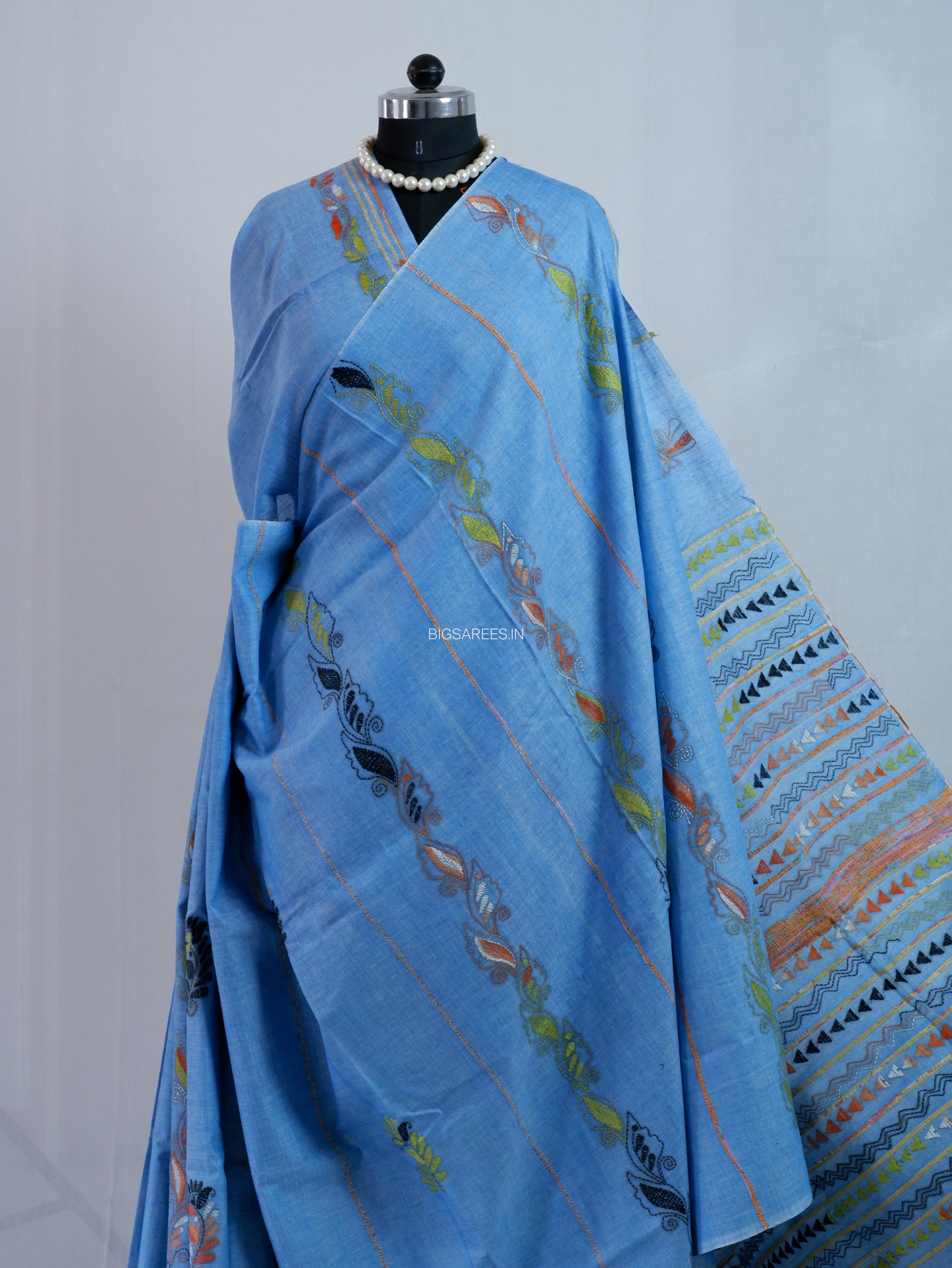 Kantha Hand-Embroidered Saree | Pure Khesh Cotton | Azure Blue
