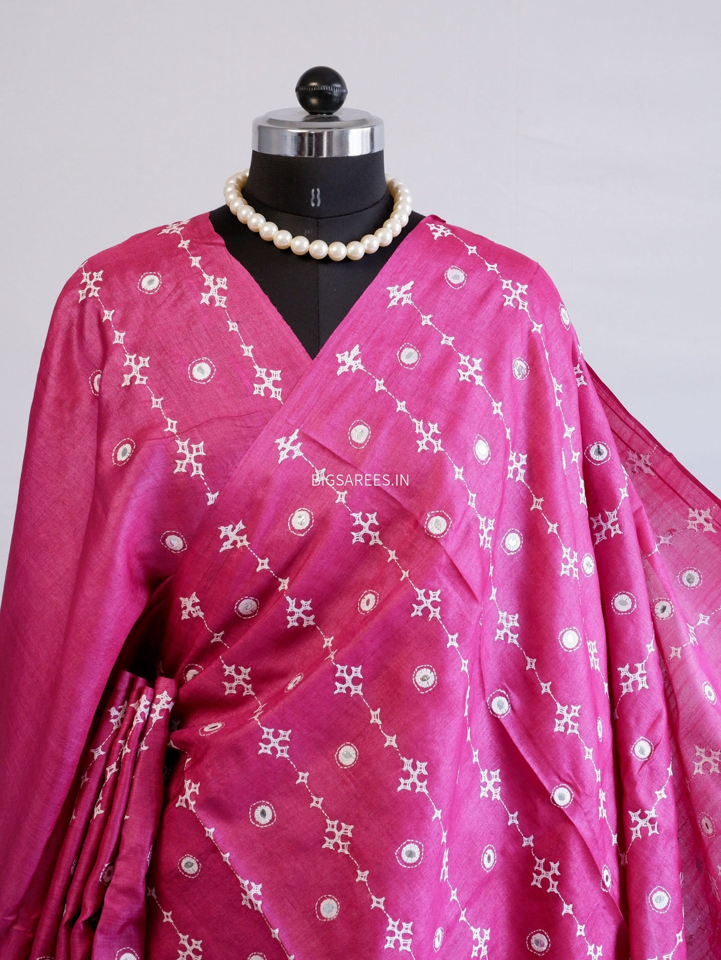 Kutchi Hand Embroidered Saree | Pure Tassar Silk | Silk Marked | Pink
