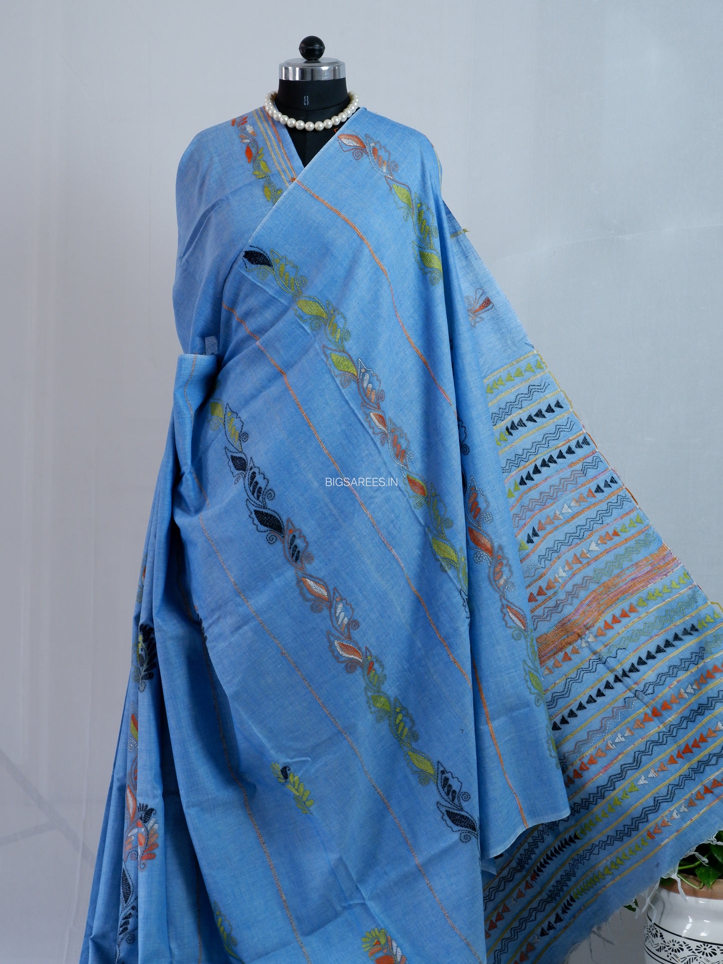 Kantha Hand-Embroidered Saree | Pure Khesh Cotton | Azure Blue