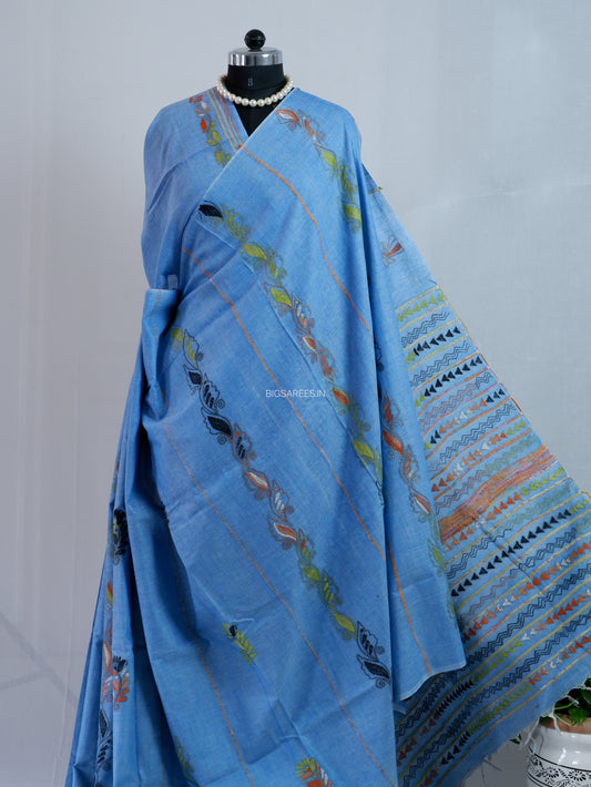 Kantha Hand-Embroidered Saree | Pure Khesh Cotton | Azure Blue