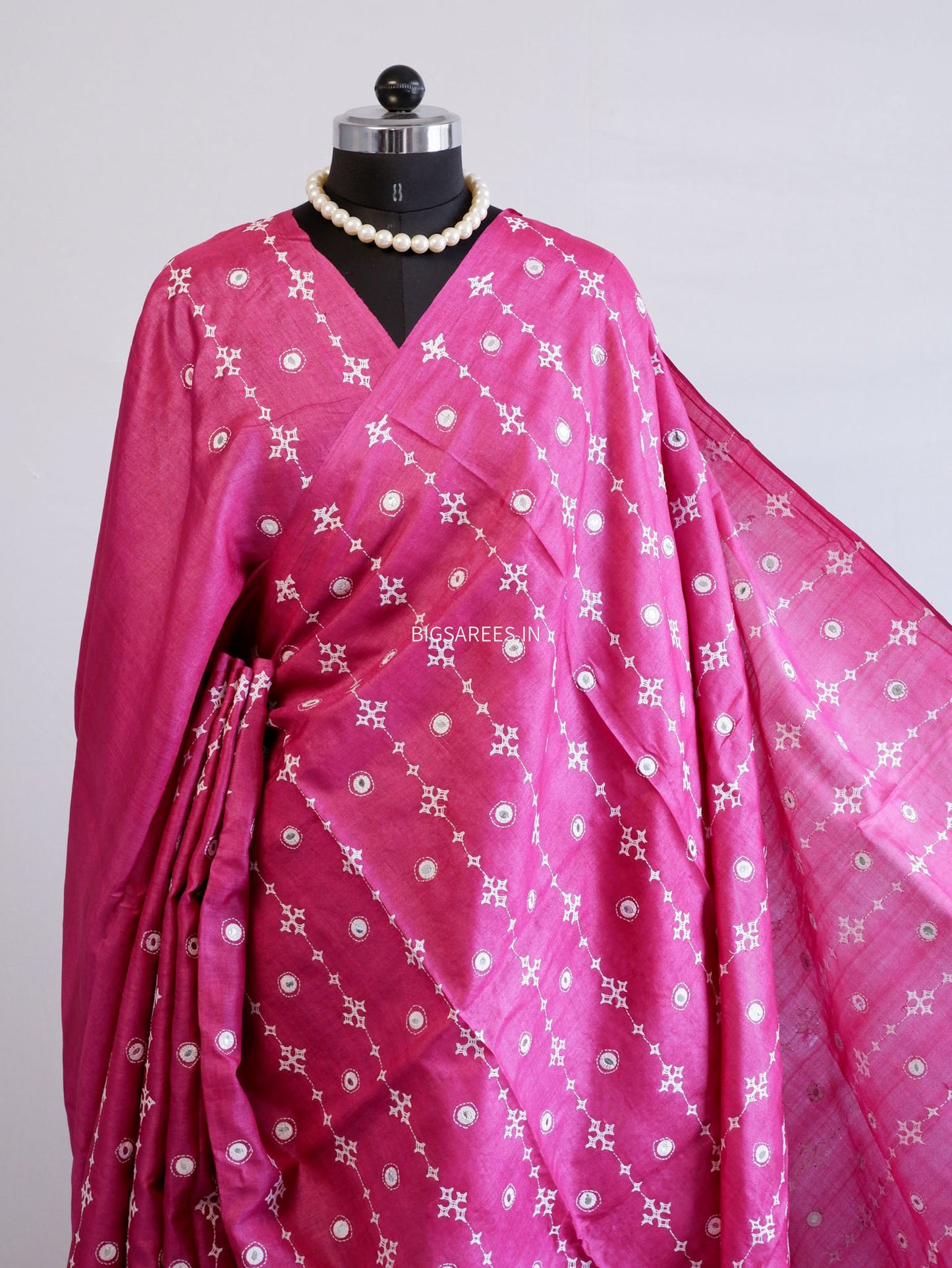 Kutchi Hand Embroidered Saree | Pure Tassar Silk | Silk Marked | Pink
