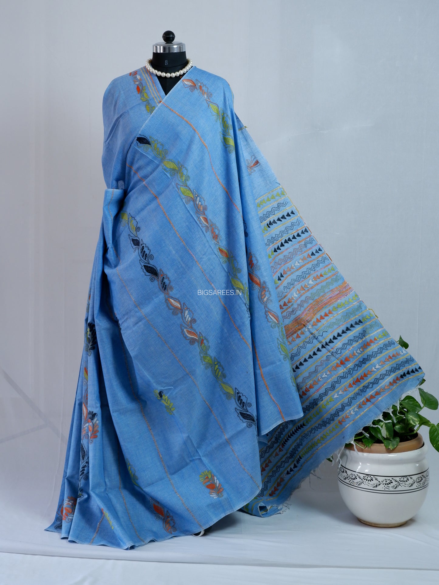 Kantha Hand-Embroidered Saree | Pure Khesh Cotton | Azure Blue