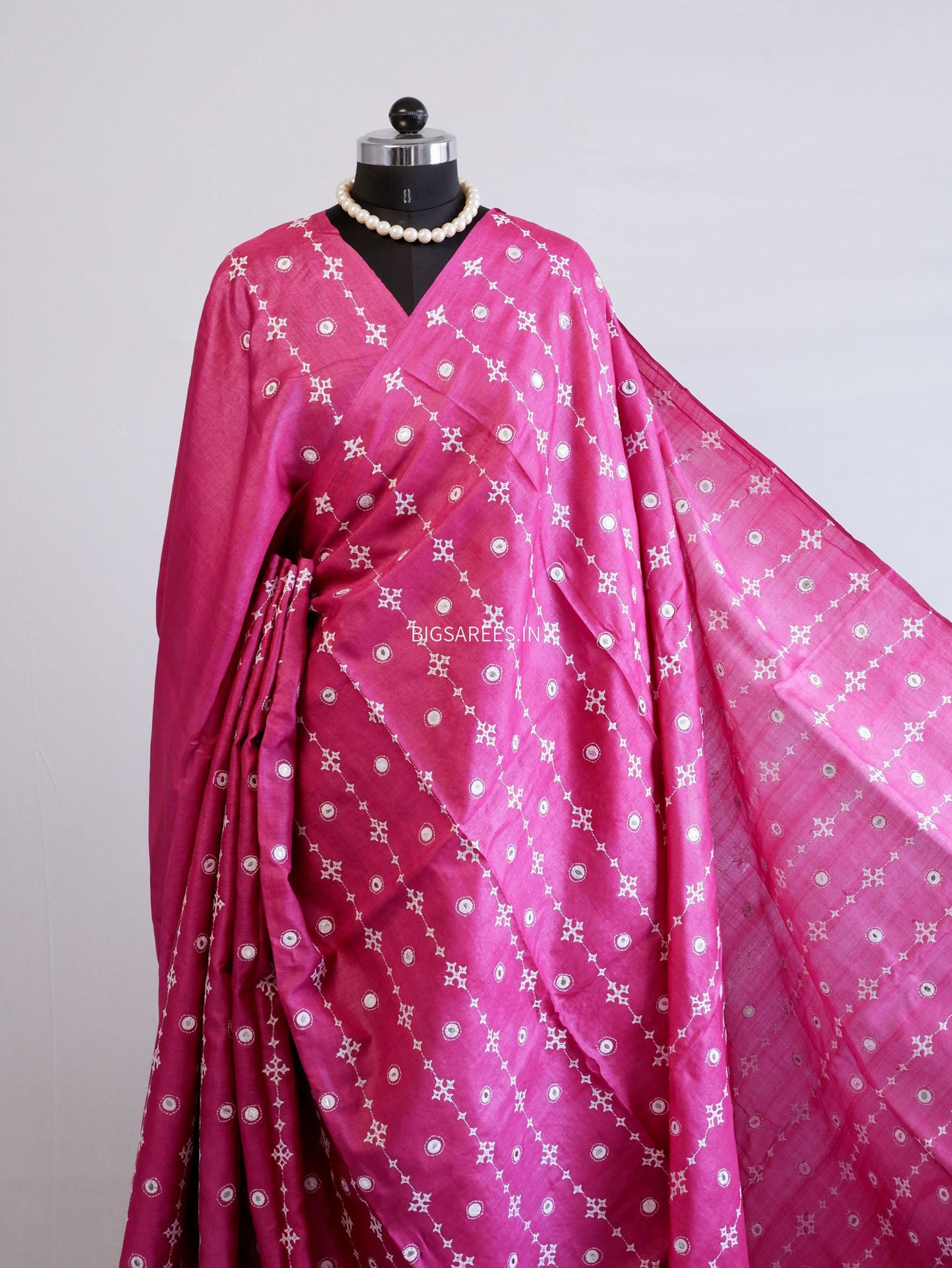 Kutchi Hand Embroidered Saree | Pure Tassar Silk | Silk Marked | Pink