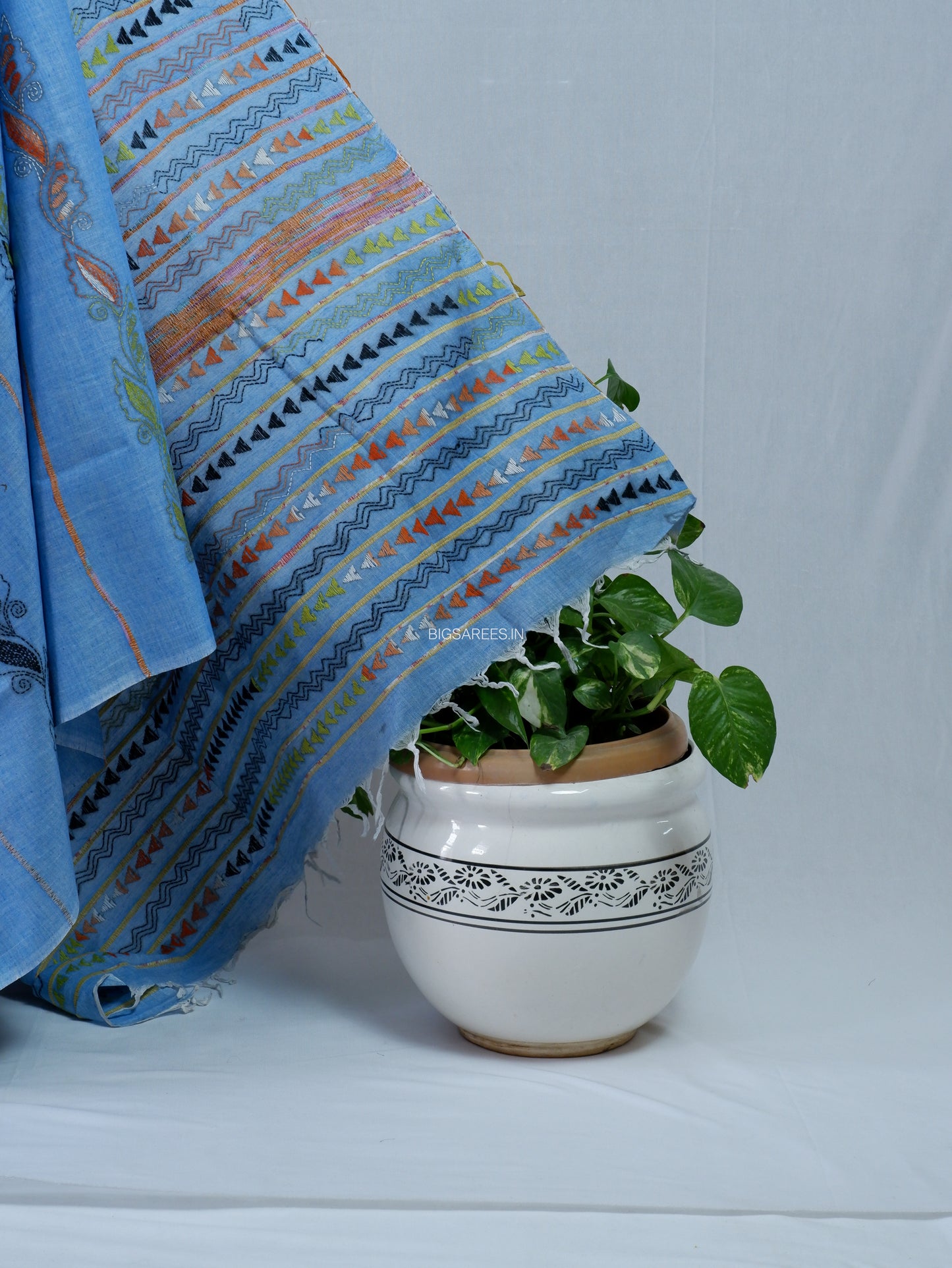 Kantha Hand-Embroidered Saree | Pure Khesh Cotton | Azure Blue