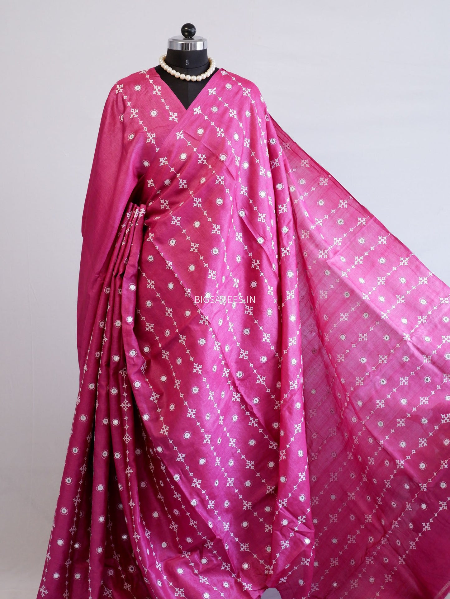 Kutchi Hand Embroidered Saree | Pure Tassar Silk | Silk Marked | Pink