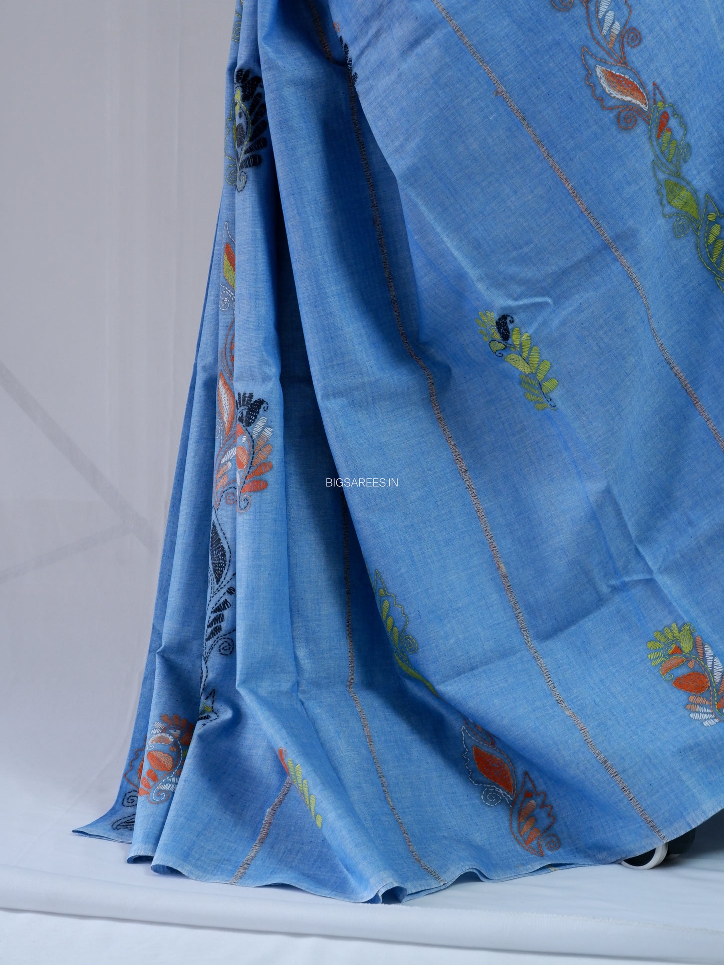 Kantha Hand-Embroidered Saree | Pure Khesh Cotton | Azure Blue