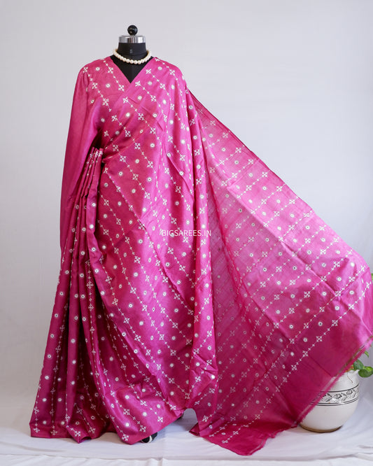 Kutchi Hand Embroidered Saree | Pure Tassar Silk | Silk Marked | Pink