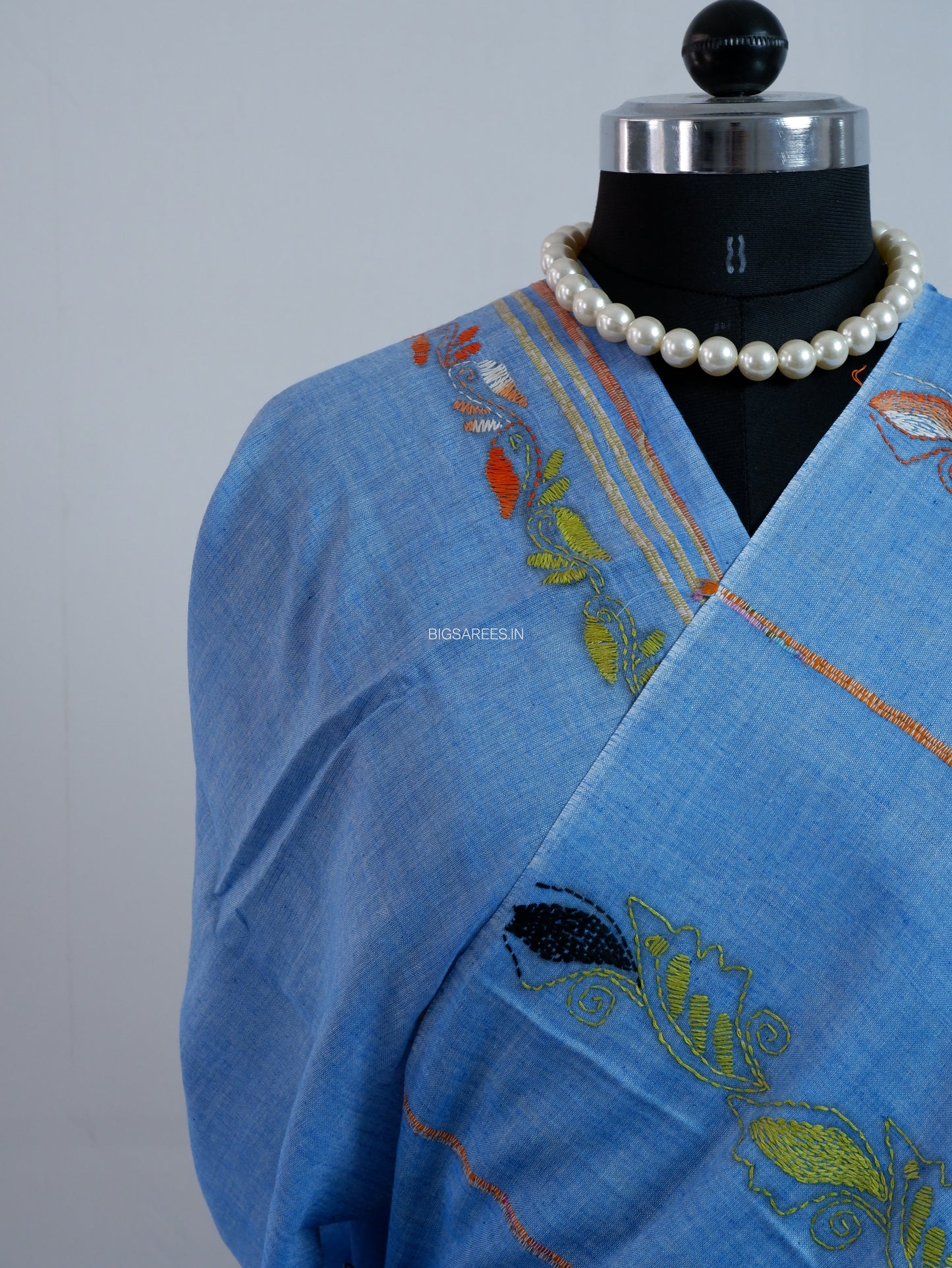 Kantha Hand-Embroidered Saree | Pure Khesh Cotton | Azure Blue