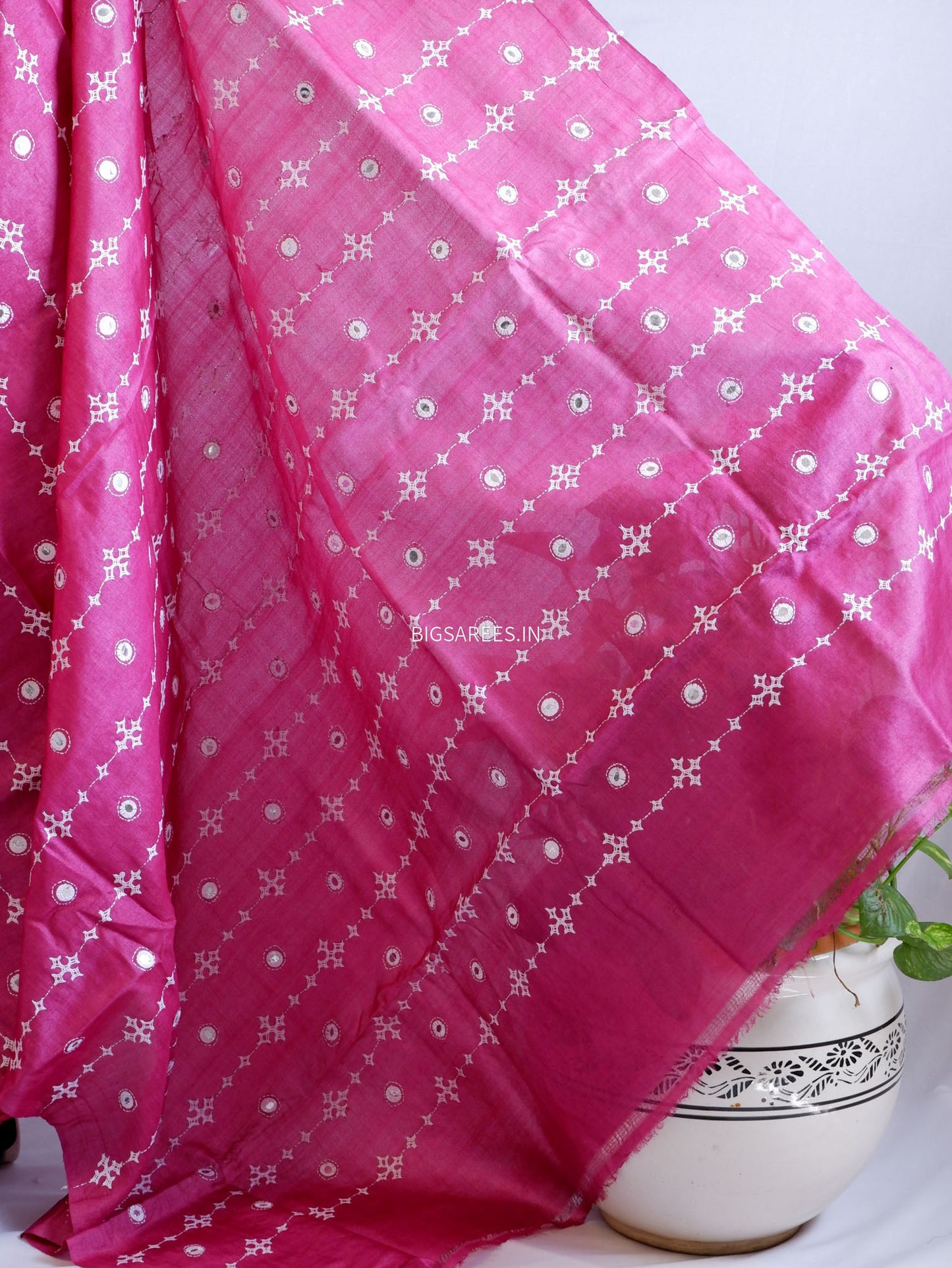 Kutchi Hand Embroidered Saree | Pure Tassar Silk | Silk Marked | Pink